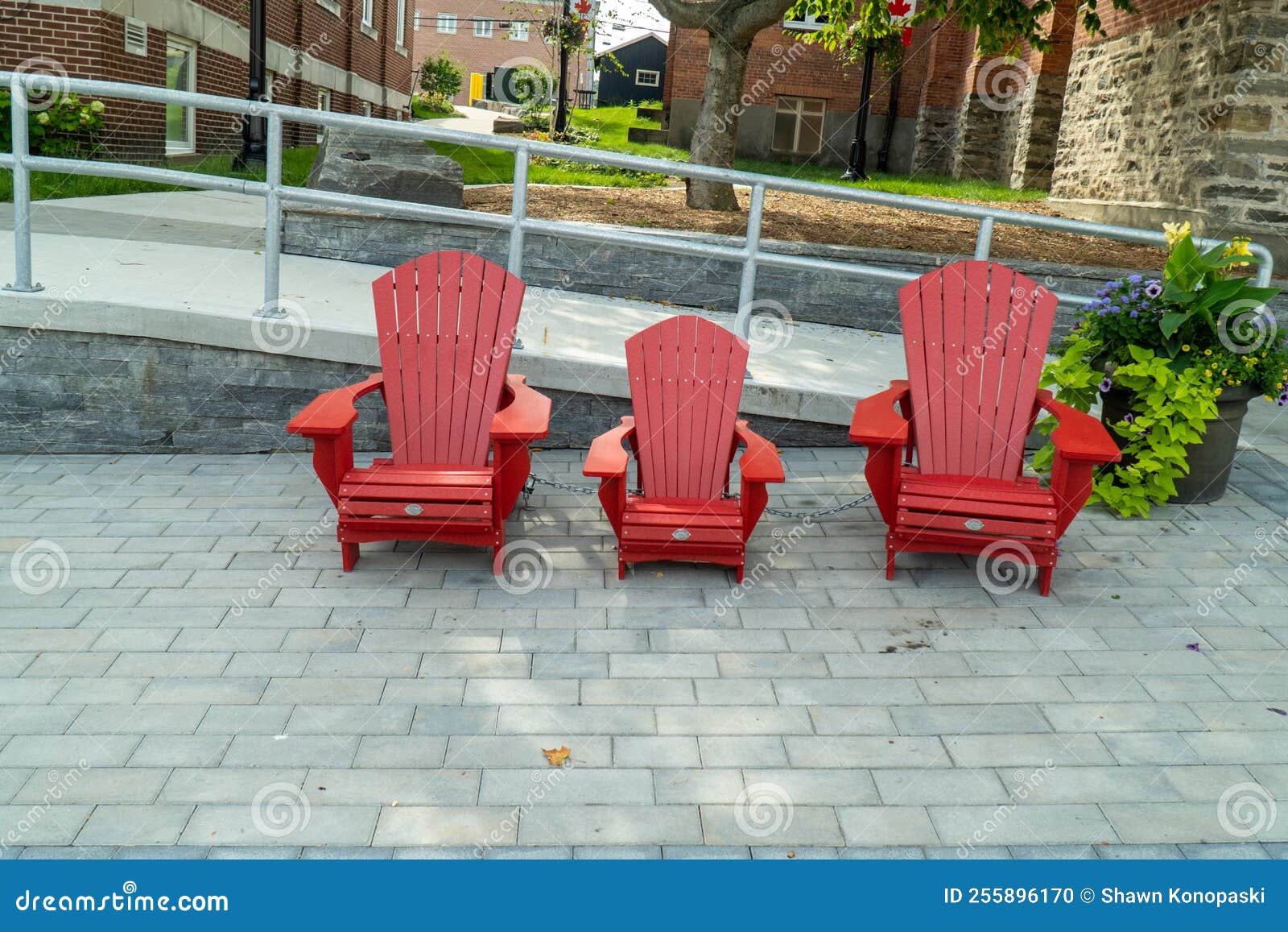3 red muskoka chairs on the street in cottage country, ontario
