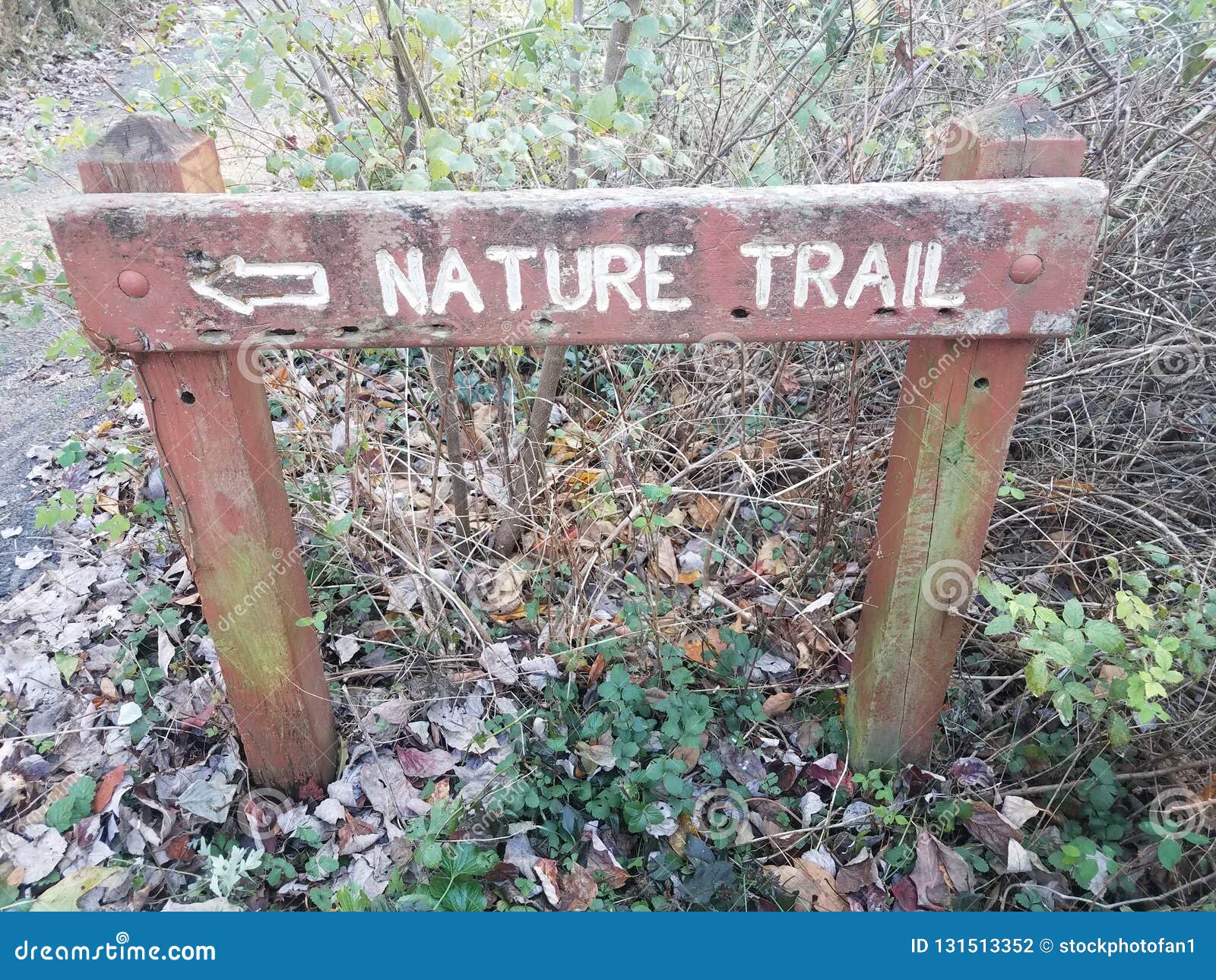 Red Nature Trail Sign With Left Arrow And Leaves Stock
