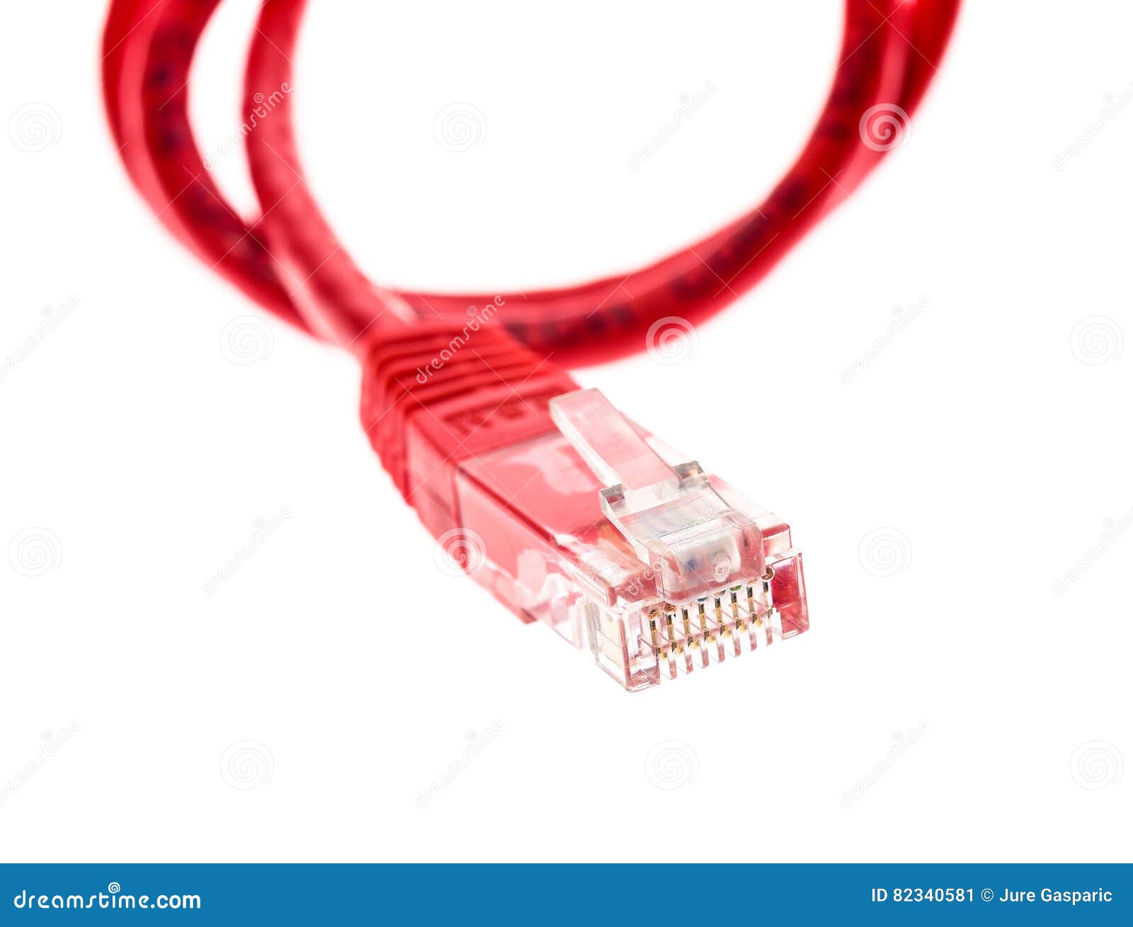 Red Network UTP Cable with RJ45 Connector Isolated on White. Stock