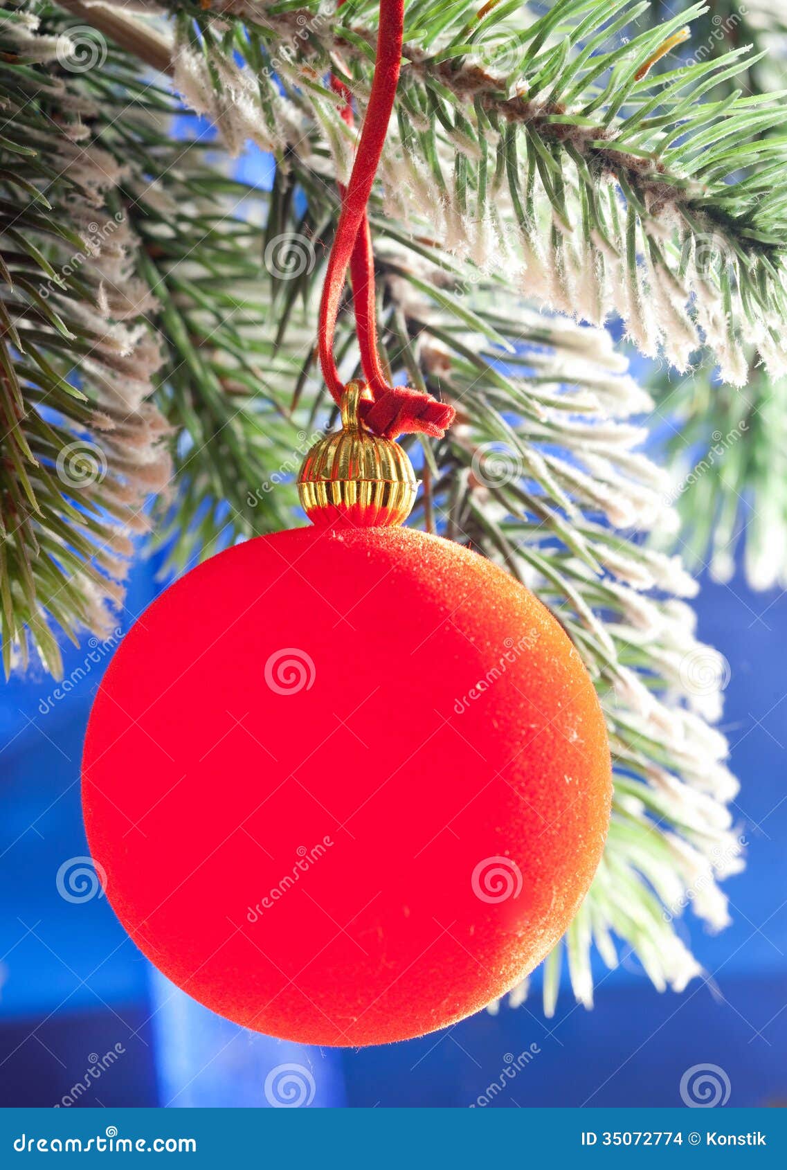 Red New Year S Ball on a Green New Year S Fir-tree Stock Photo - Image ...