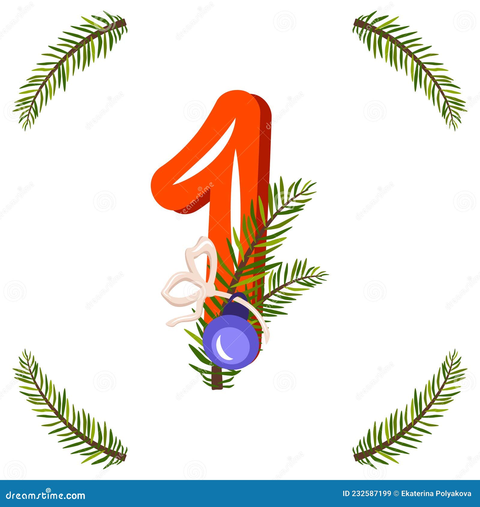 Red Number One with Green Christmas Tree Branch Stock Vector