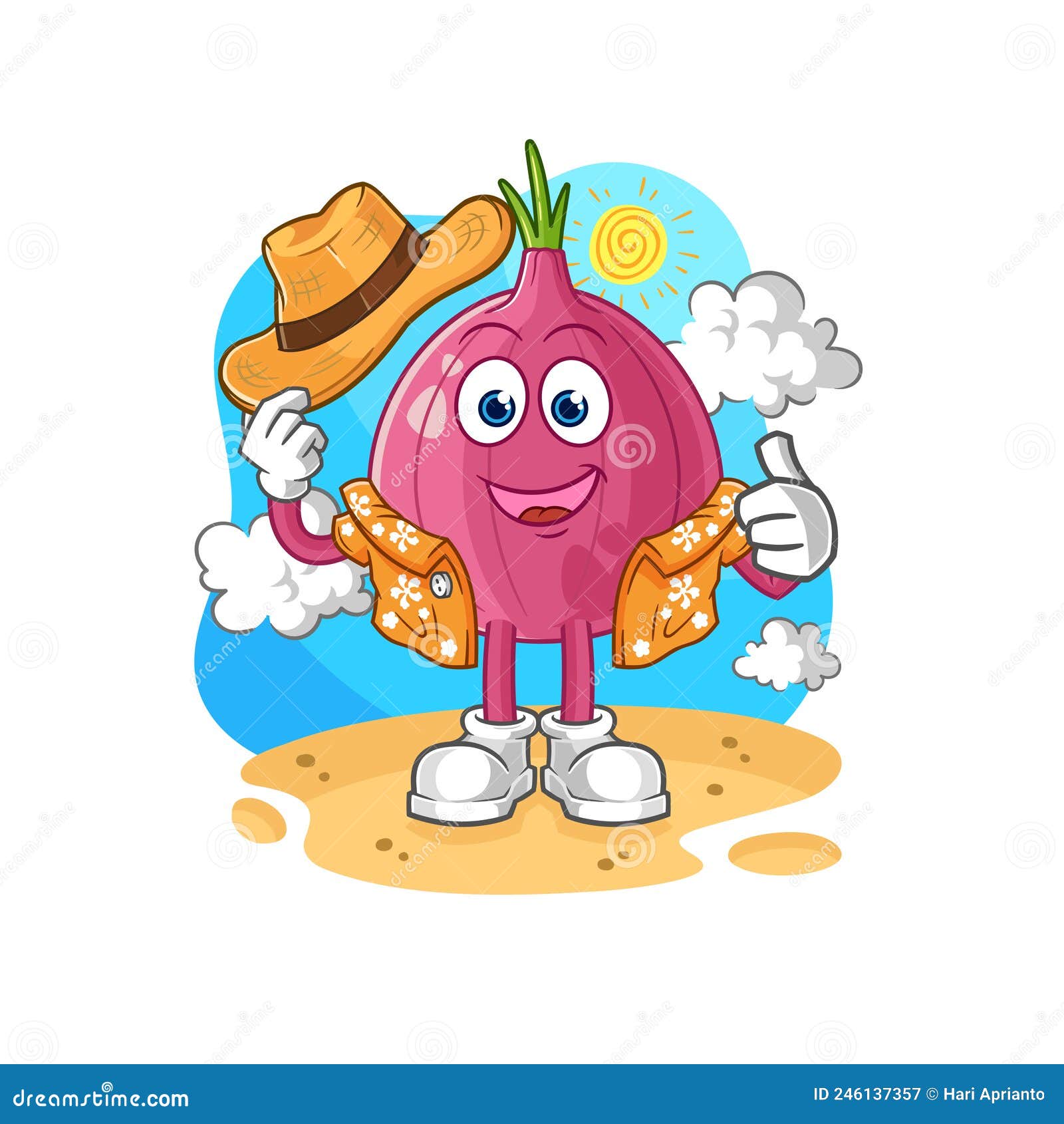 Red Onion Go on Vacation. Cartoon Mascot Vector Stock Vector