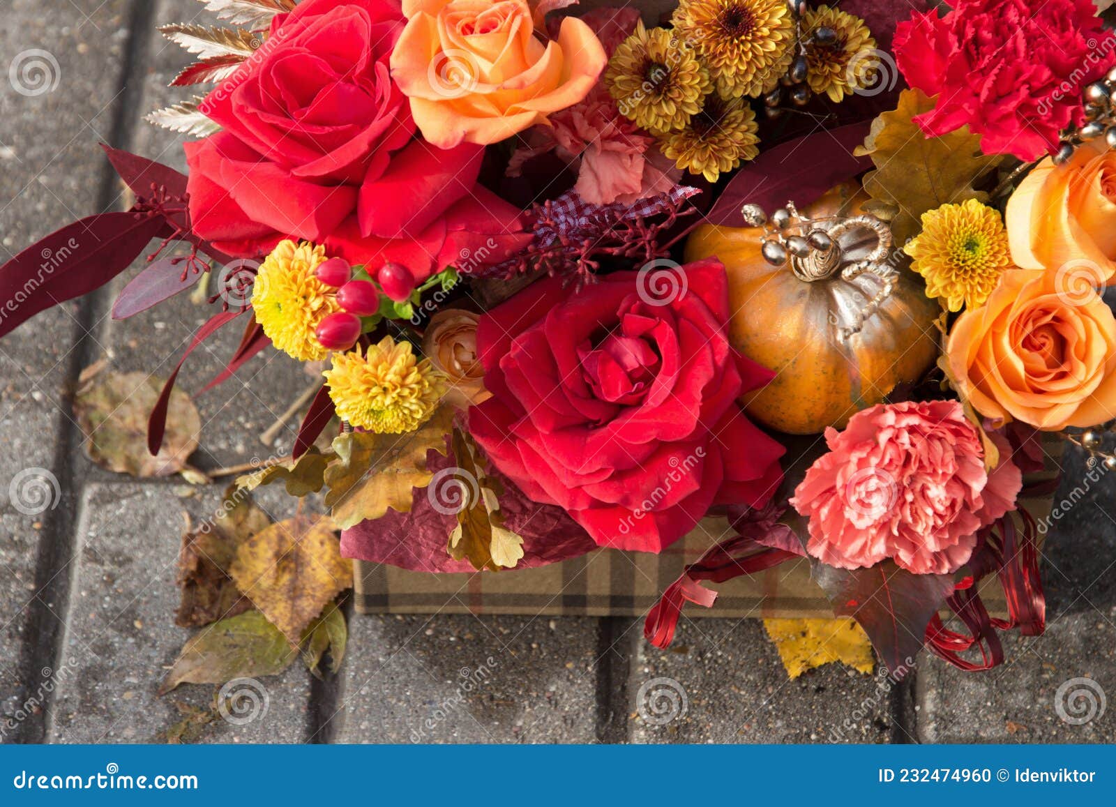 Orange and Pink Flowers in Box with Pumpkin Orange and Pink Flowers in Box with Pumpkin