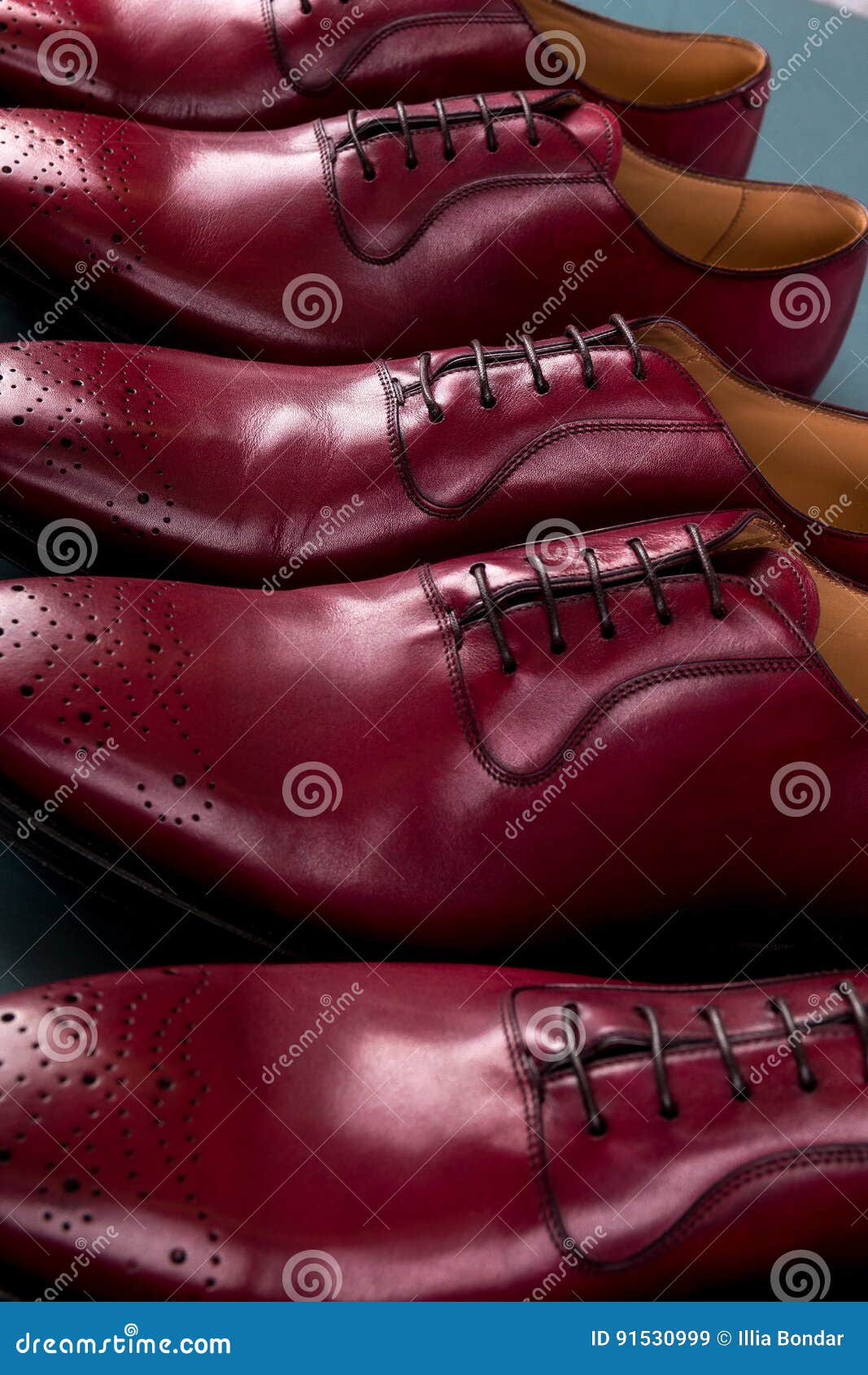 Red Oxford Shoes on Blue Background. Three Pair Brogues Stock Image ...