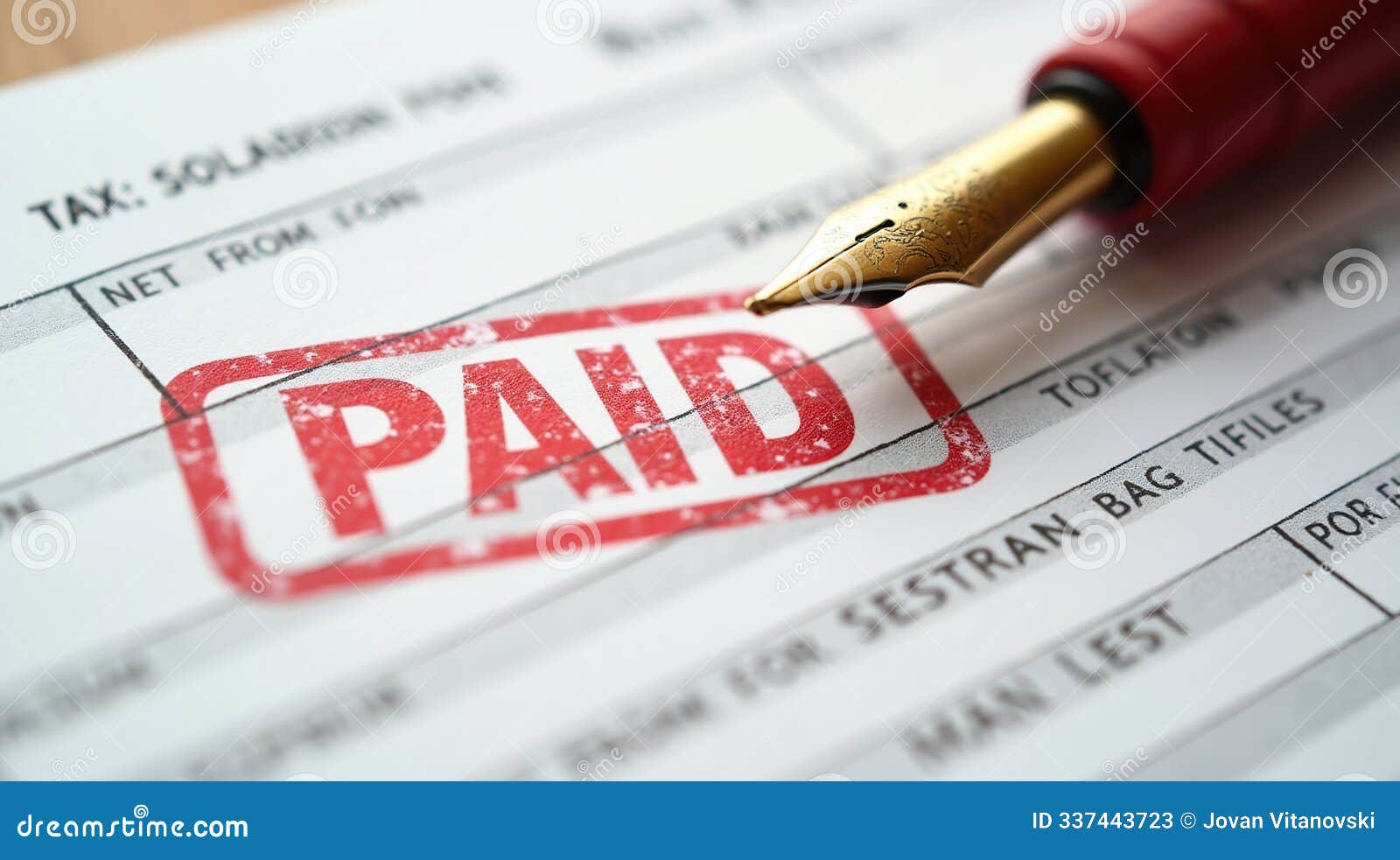 red paid stamp on tax form with fountain pen close-up