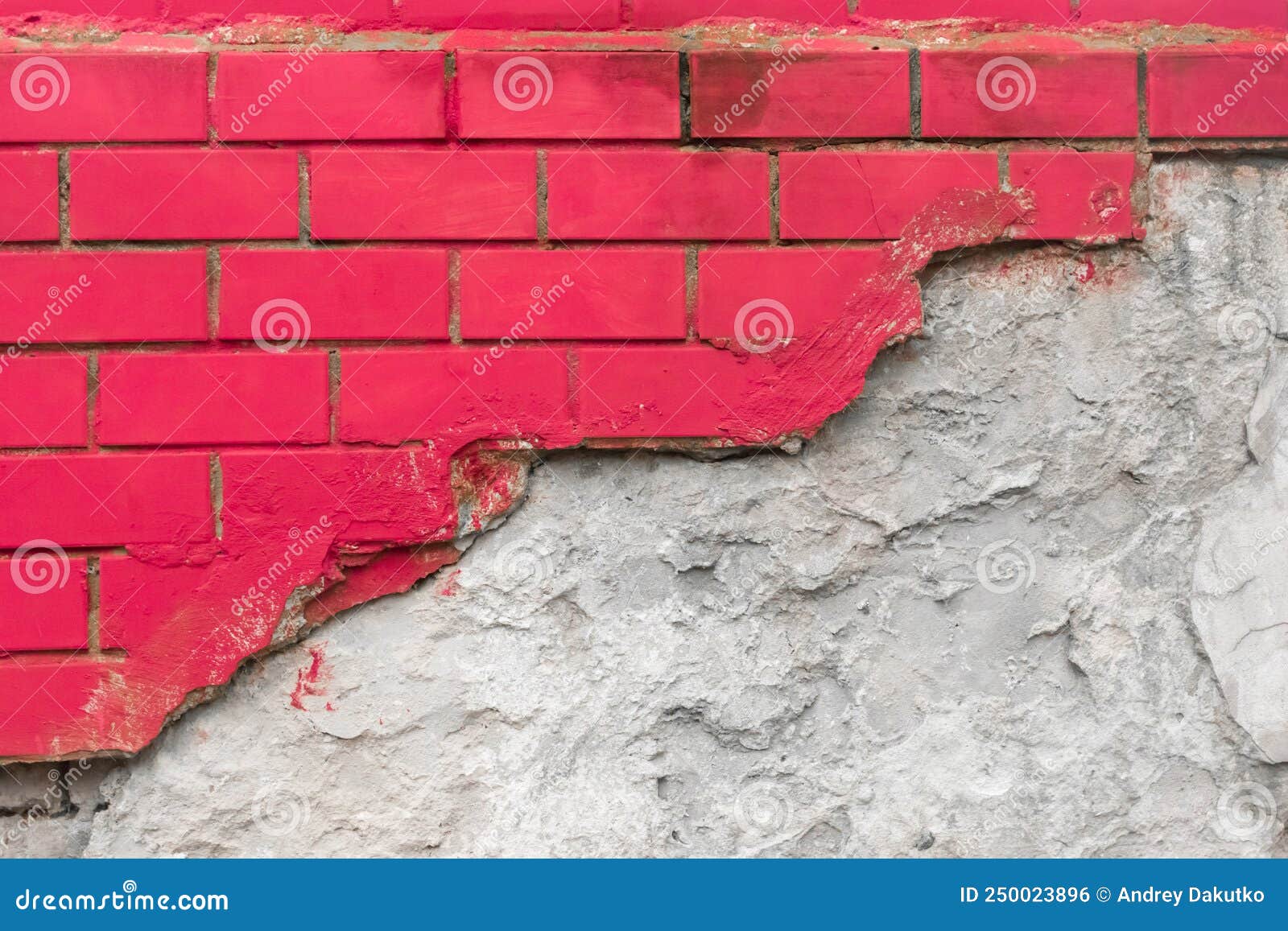 Red Paint on Brick Broken Masonry Wall with Cement White Concrete Damaged Facade Background