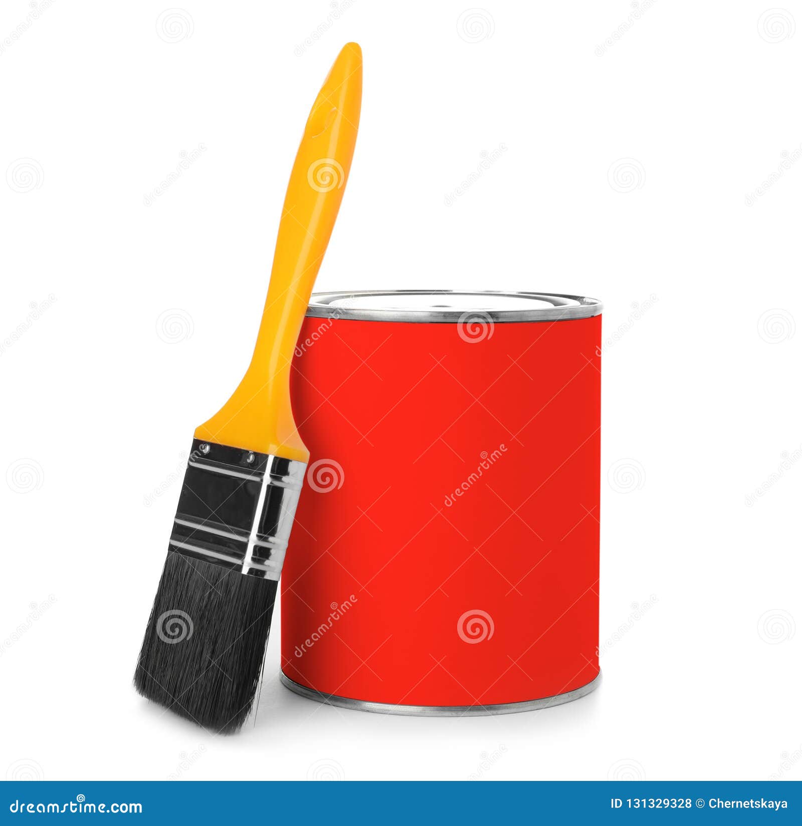 Red Paint Can with Brush on White Background. Stock Photo Image of