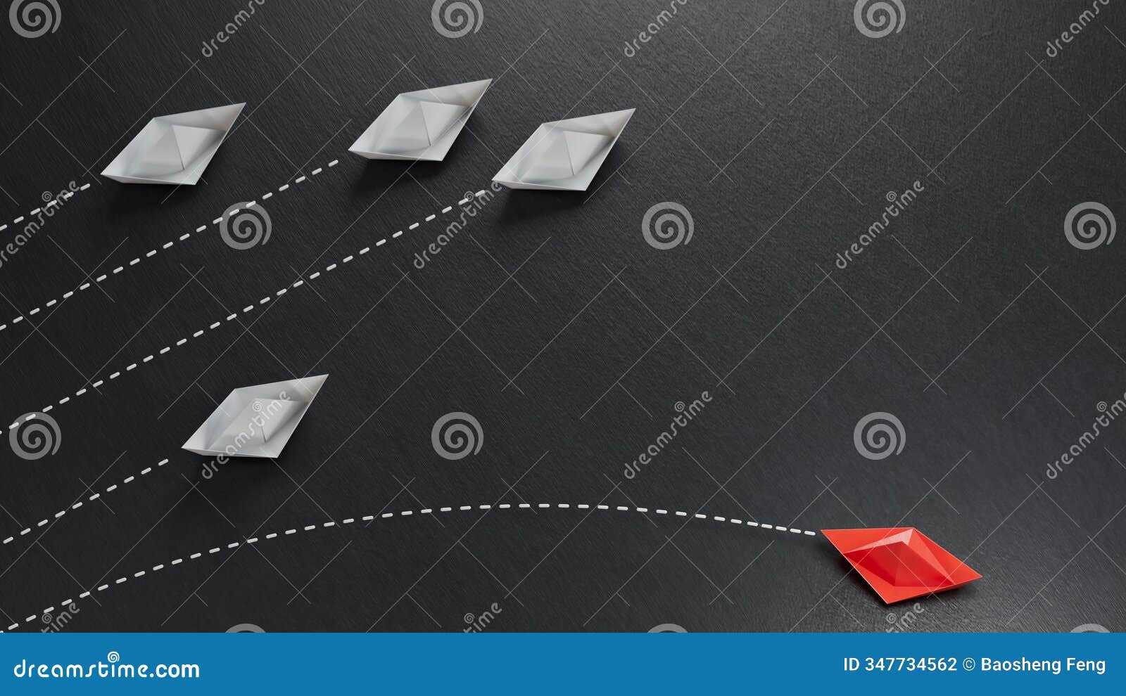 red paper boat are different from others on black background. think different. business for innovative, solution 