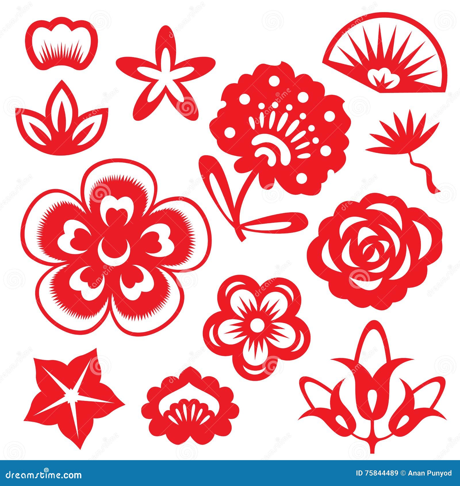 red paper cut flowers china  set 