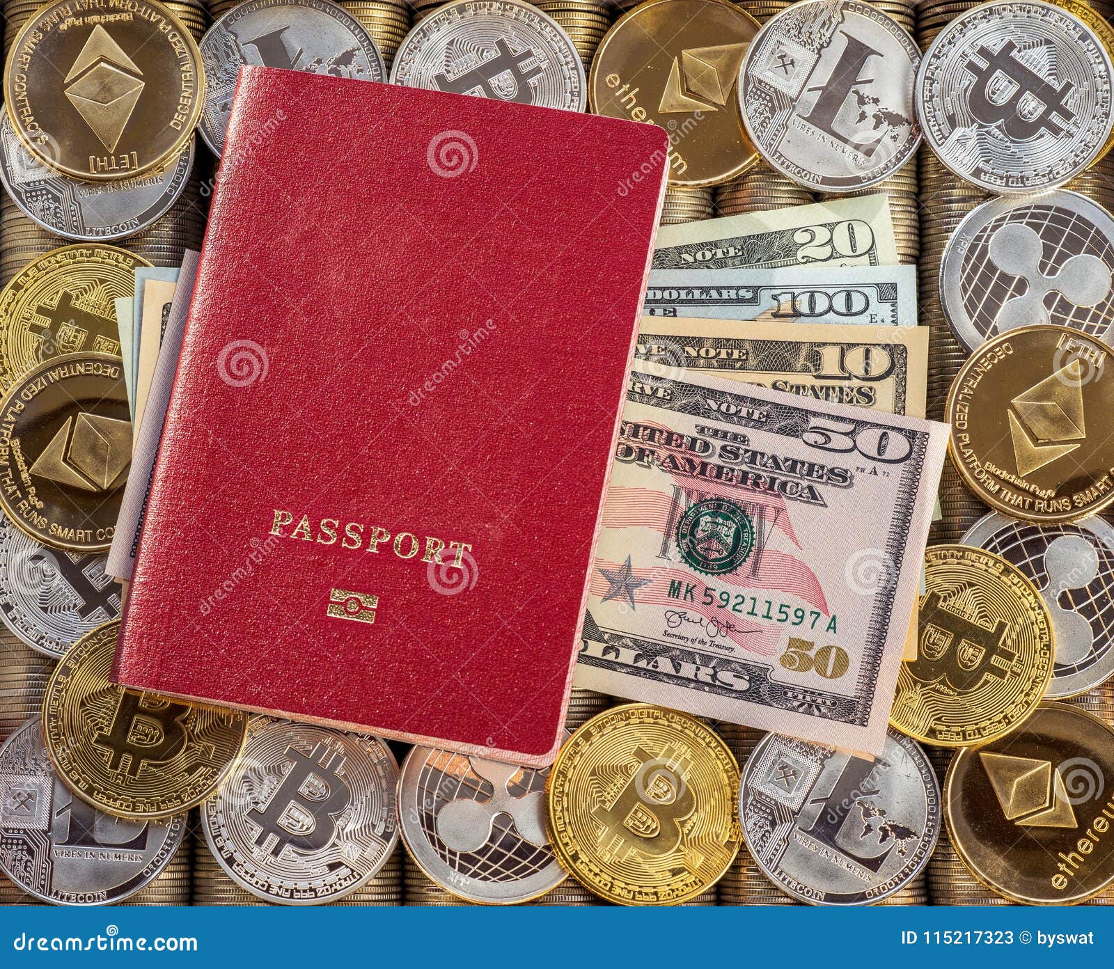 Red Passport, Metal Coins Background. US Dollars. Metal Coins. Gold Silver  Bitcoin, Crypto Currency, Identification Stock Image - Image of gold, bank:  115217323