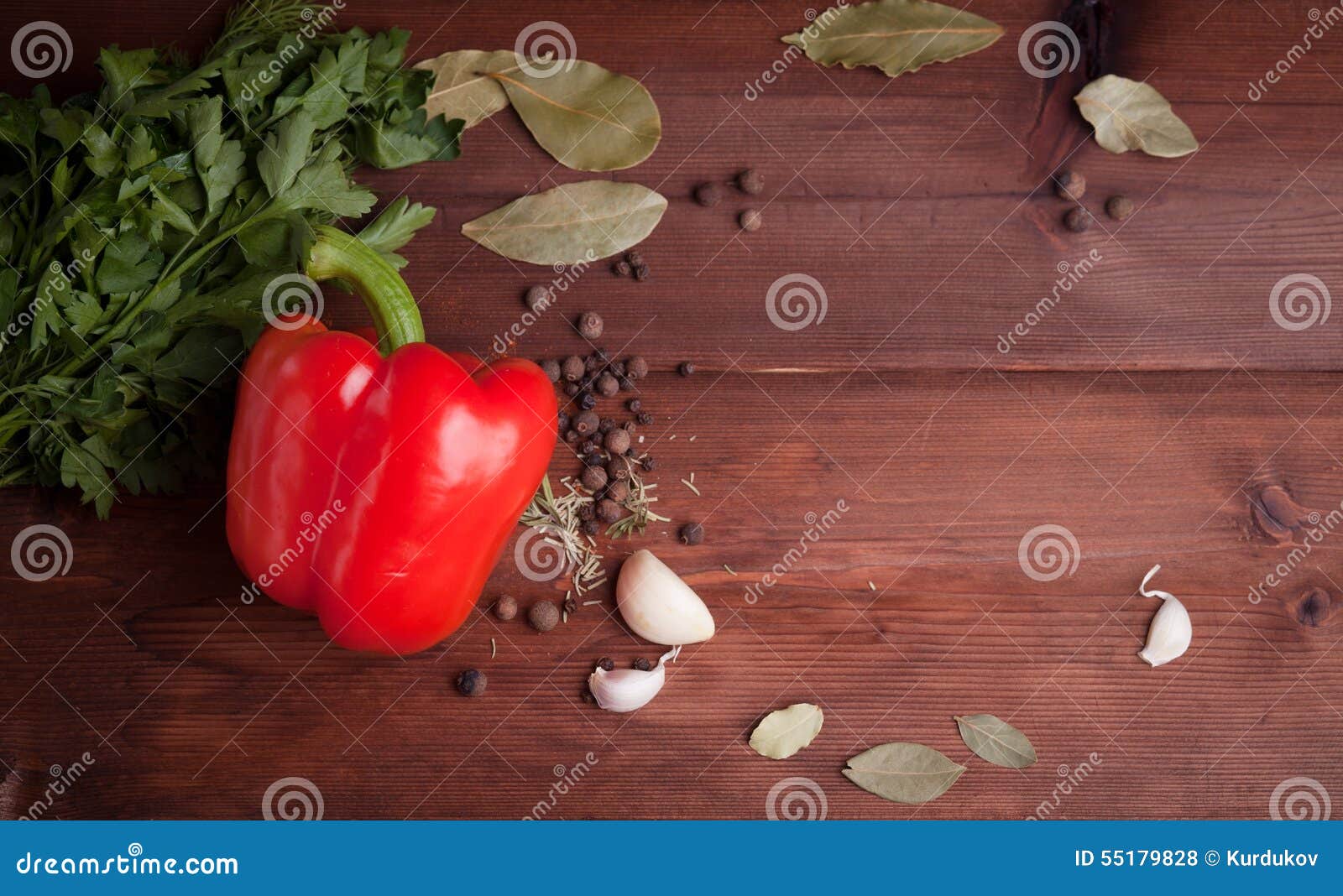 Red Pepper, Herbs And Spices On Dark Wood Stock Photo ... Red Pepper, Herbs An