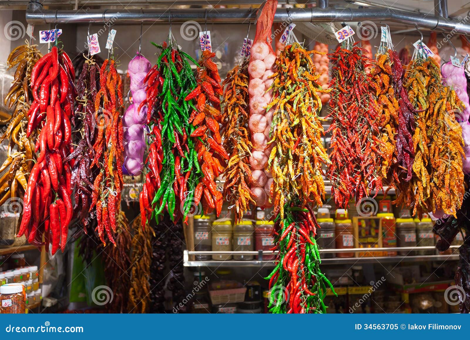 Red Pepper and Garlic Hanging in Market Stock Image Image of gourmet