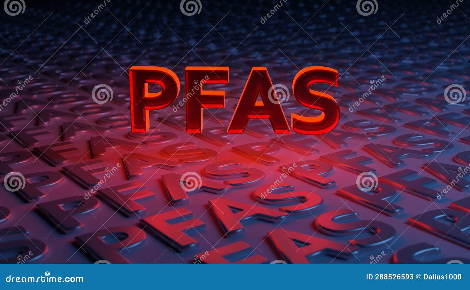 red pfas letters in ablue dark background 3d render .