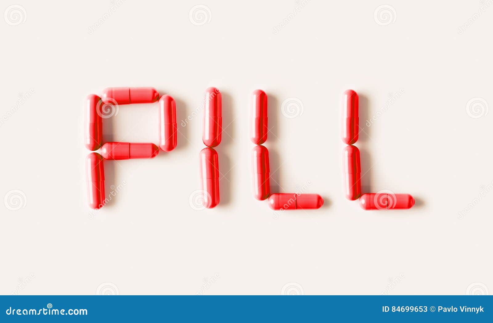 Red Pills Capsules in Shape of Word Pill. Life Concept Isolated. Stock