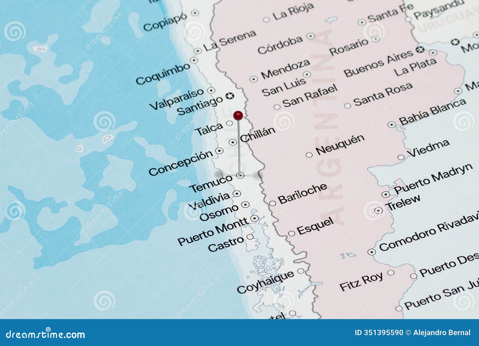 red pin needle into temuco city of chile political map