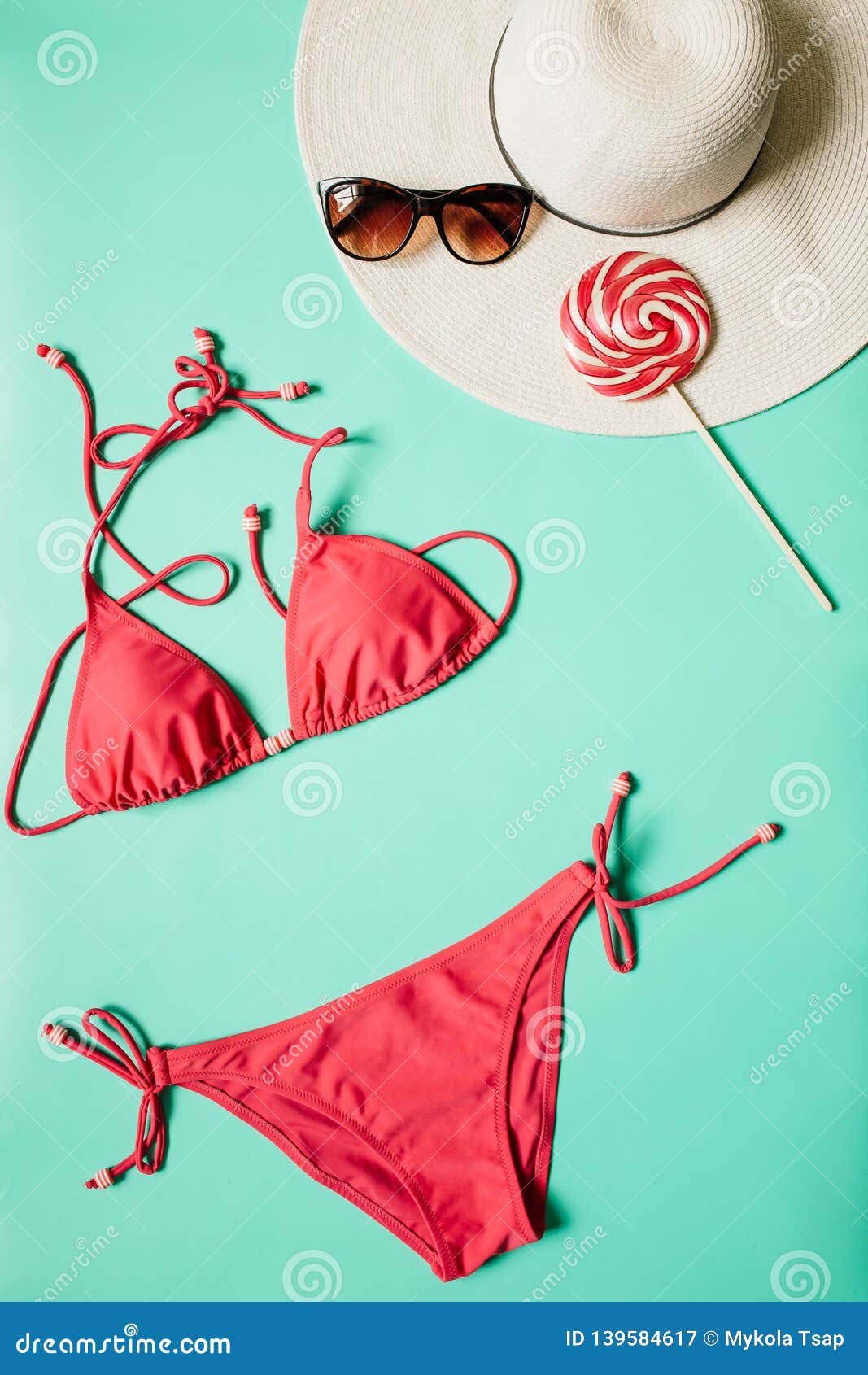 Red, Pink Bikini Suit, Lollipop, Sunglasses, on Plain Light Cyan ...