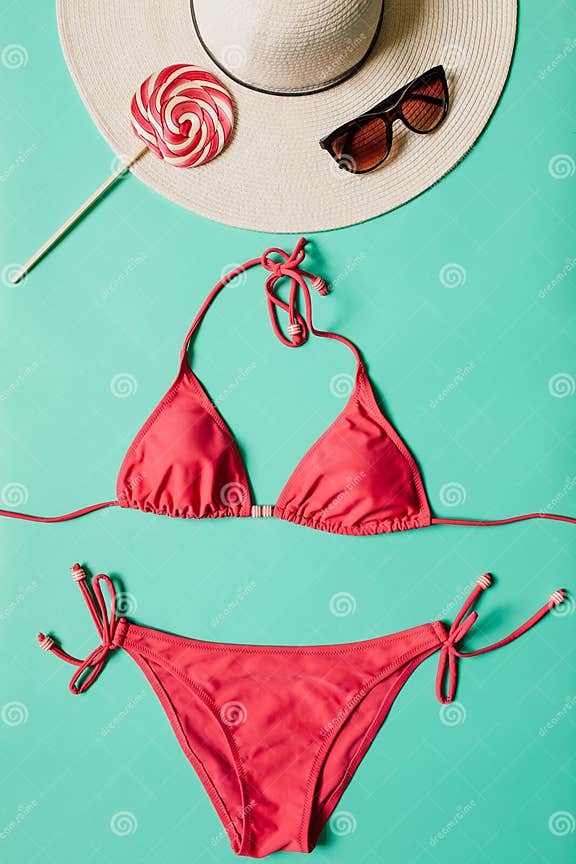 Red, Pink Bikini Suit, Lollipop, Sunglasses, on Plain Light Cyan ...