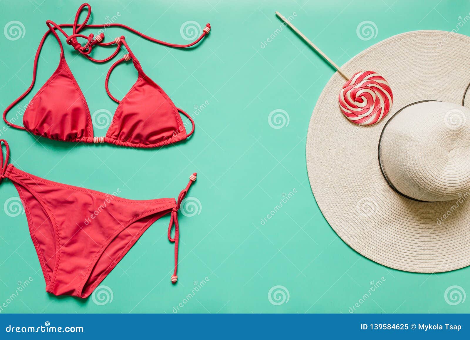 Red, Pink Bikini Suit, Lollipop, White Hat on Plain Light Cyan ...