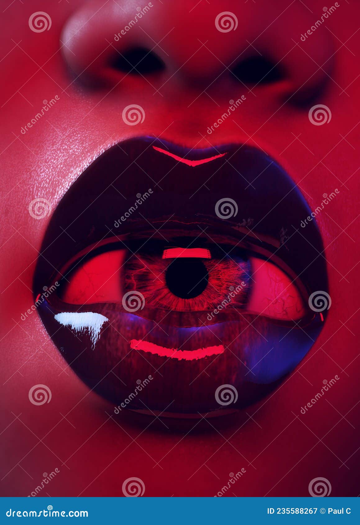 Red Pink An Blue Horror Alien Woman With Open Mouth With Wet Eyeball