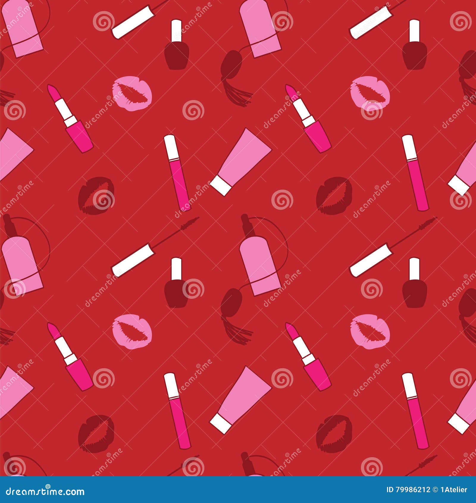 Red And Pink Makeup Seamless Vector Pattern For Momen. Makeup Background.