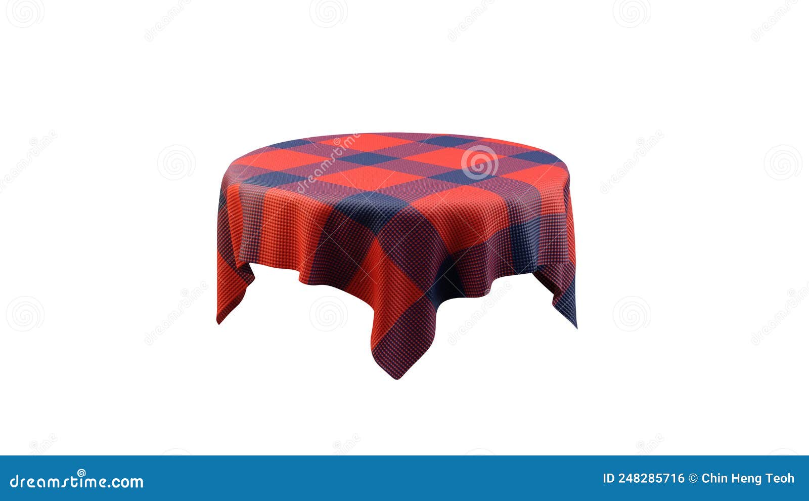 Red Plaid Tablecloth on Round Table Isolated White Background. 3d