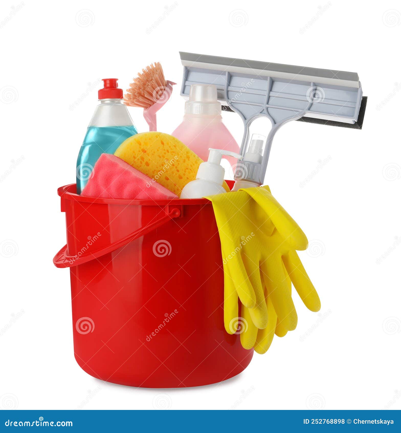 Red Plastic Bucket with Cleaning Supplies and Tools Isolated on White Stock Photo Image of