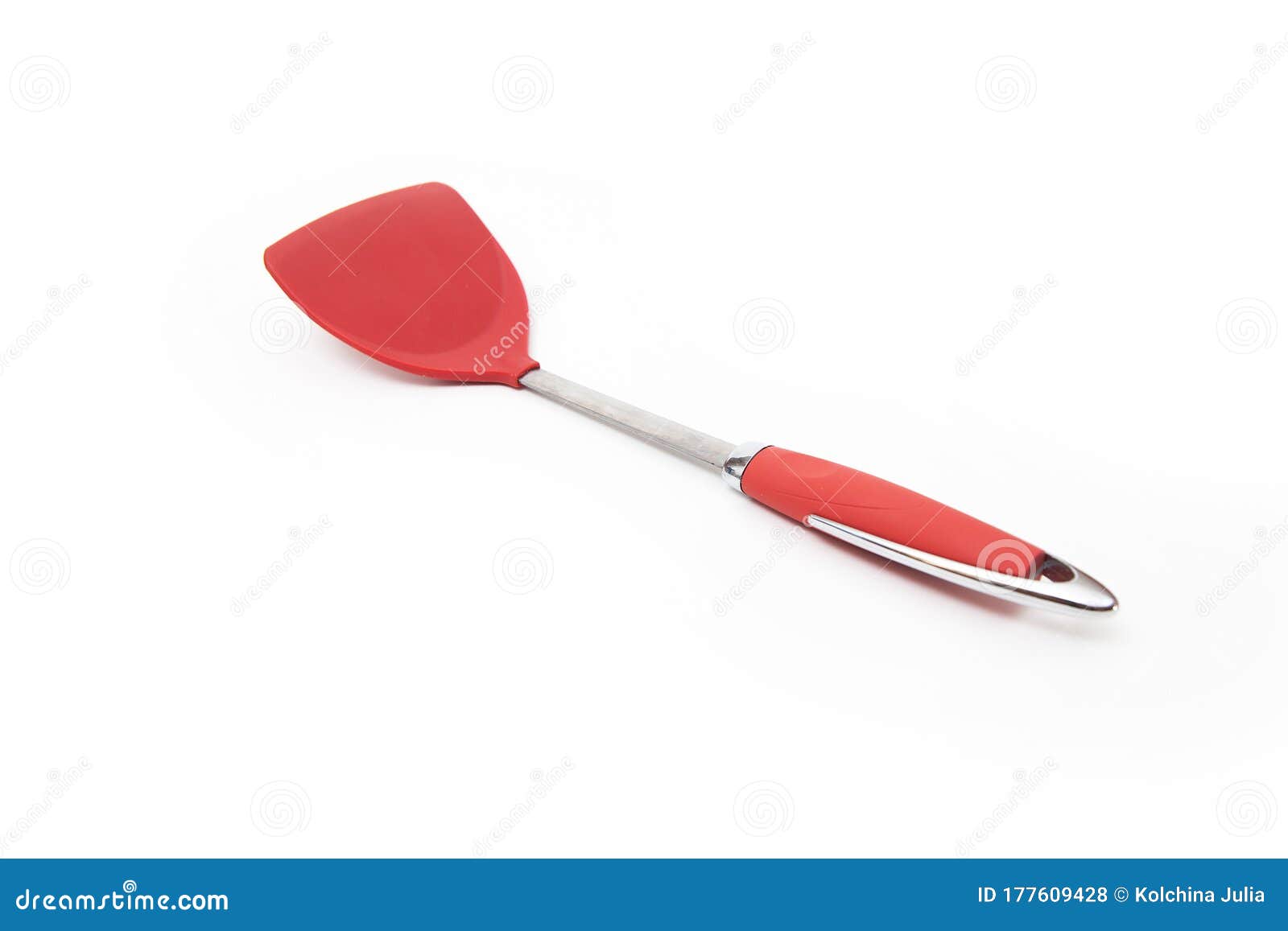 Red Plastic Kitchen Spatula for Turning Fried Foods Stock Photo Image