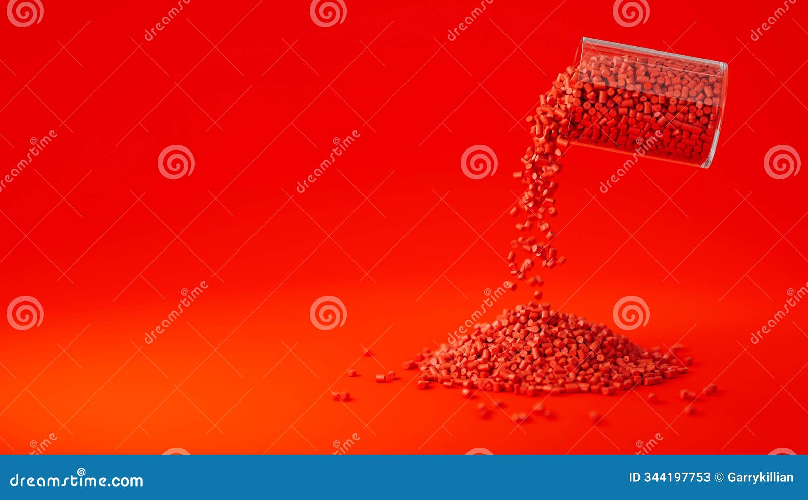 red plastic polypropylene granules pouring from the glass on a red backdrop, masterbatch polymer grain pile. hdpe or pvc