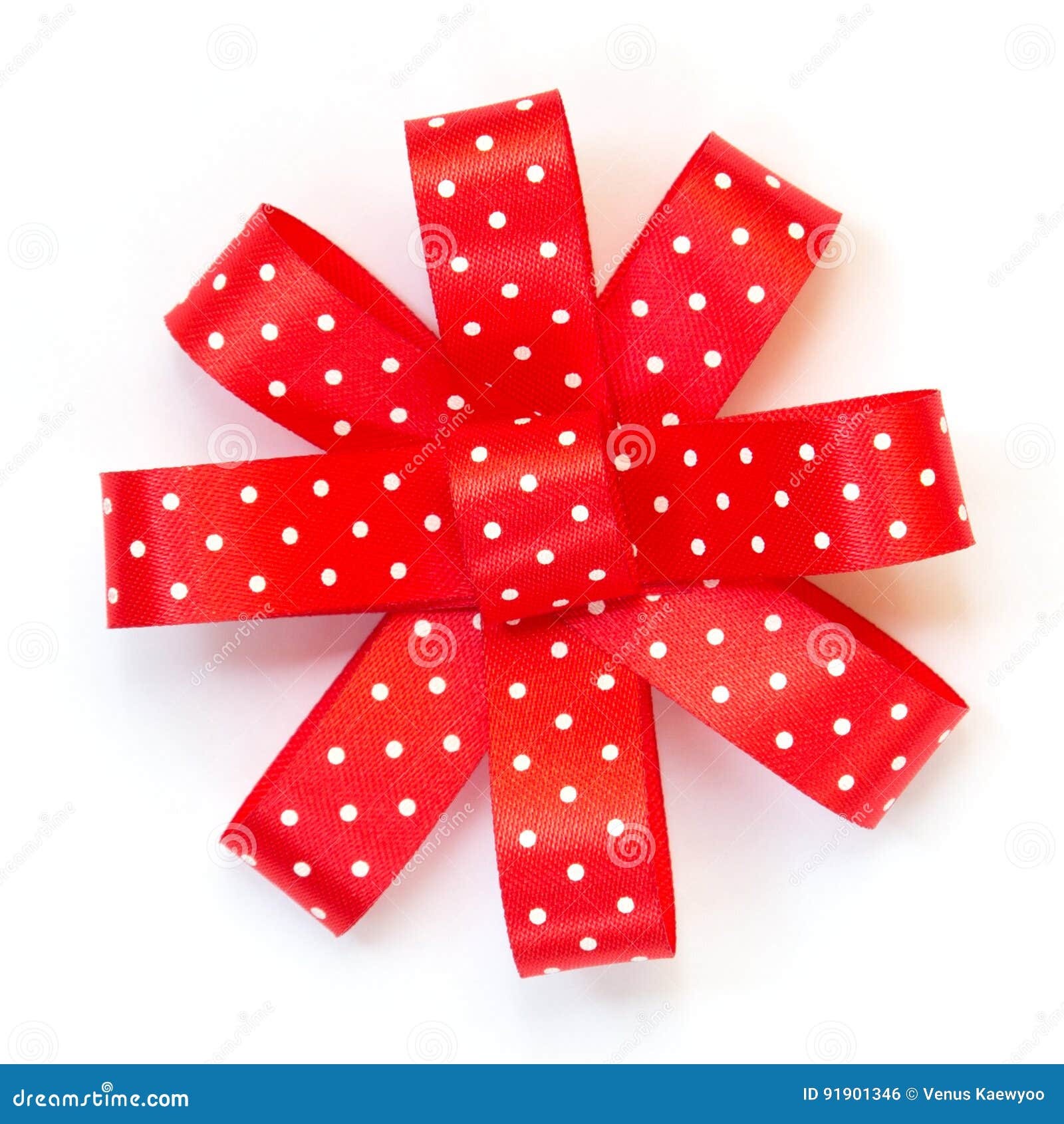 Red Polka Dot Ribbon Bow Top View on White Background Stock Photo
