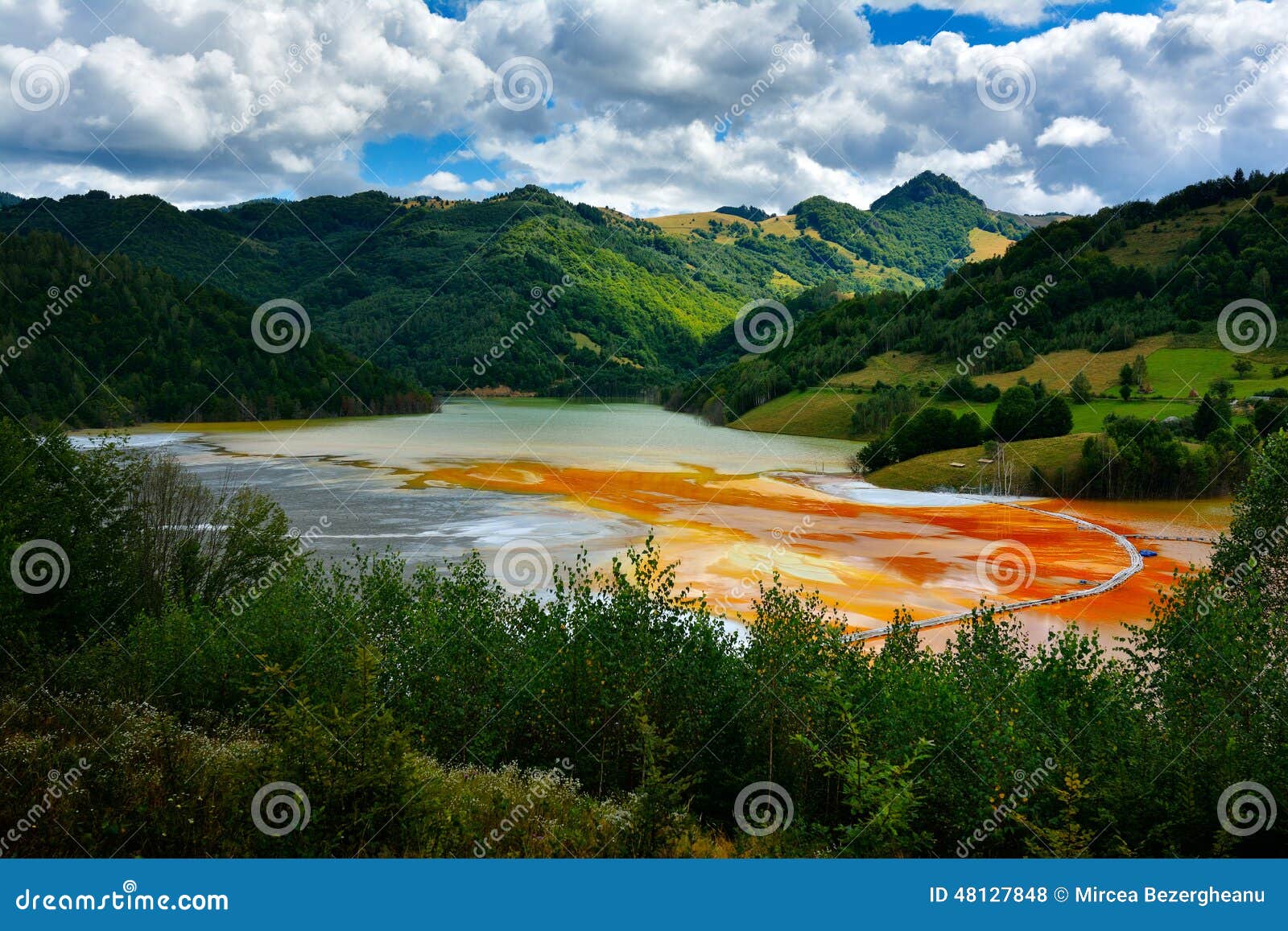 red polluted lake in romania, geamana