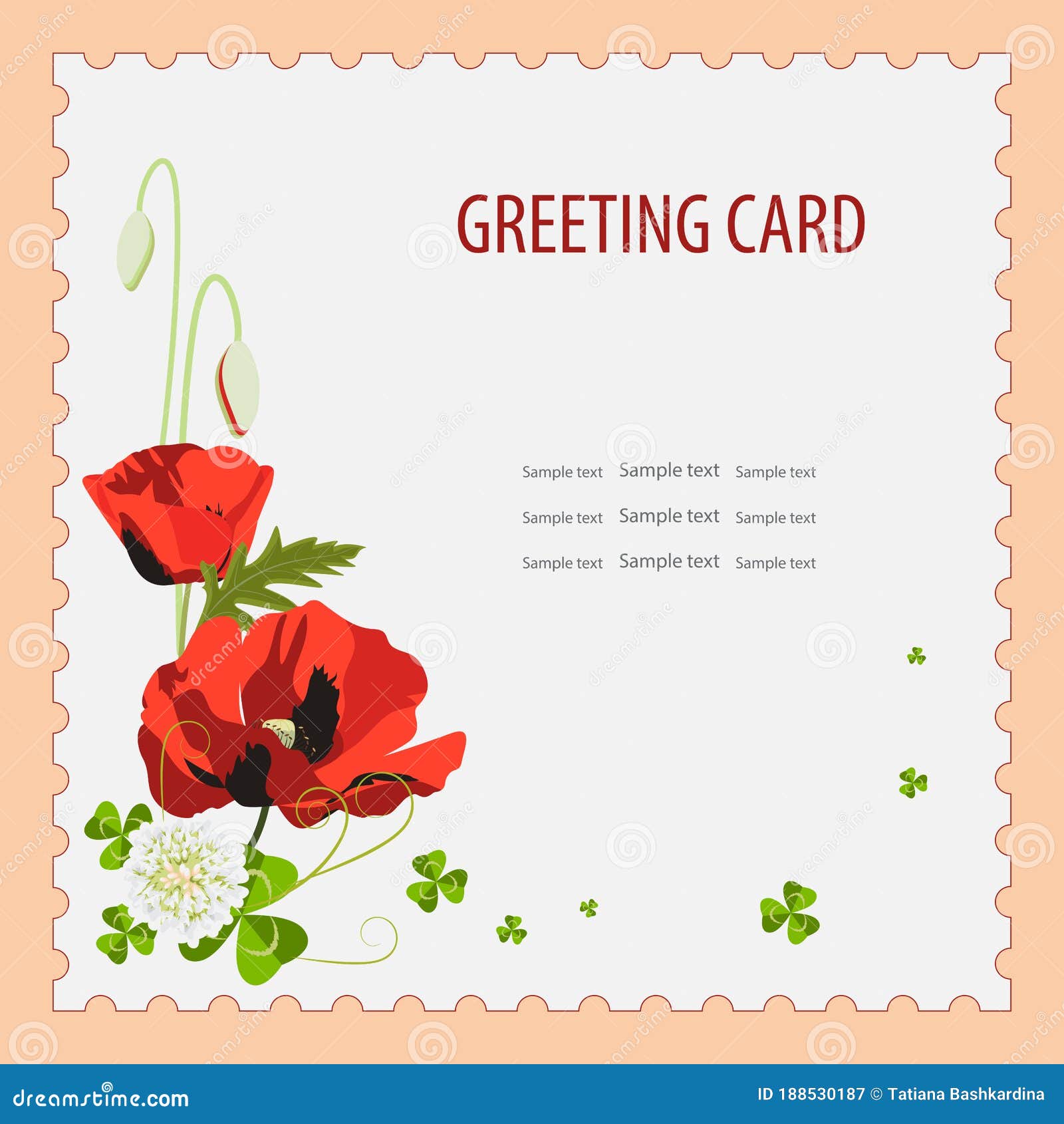 Red Poppy, Small White Blooming Clover Flowers, Green Leaves With Small Greeting Card Template