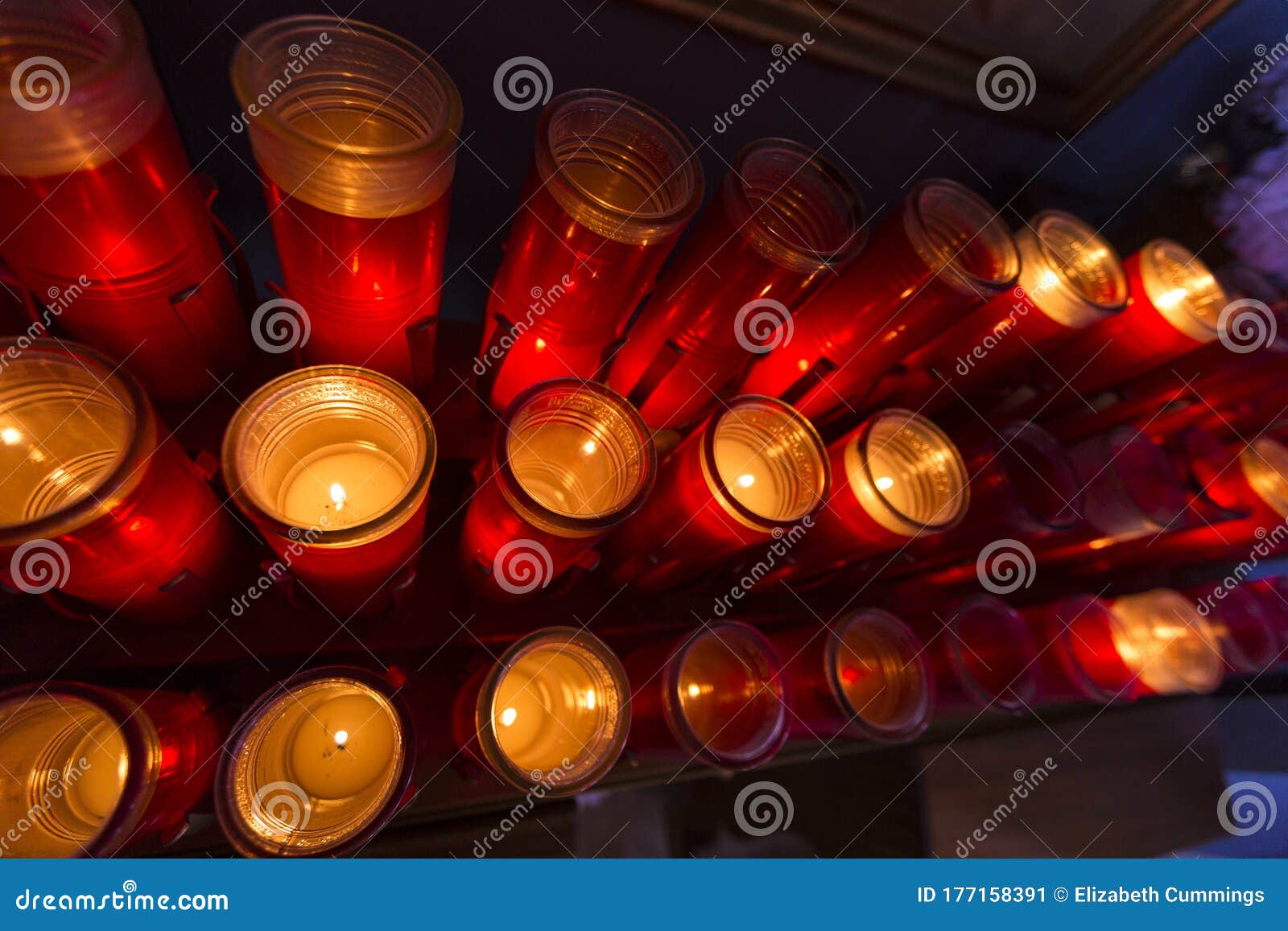 Red Prayer Candles Lit in Rows Catholic Church Stock Image Image of