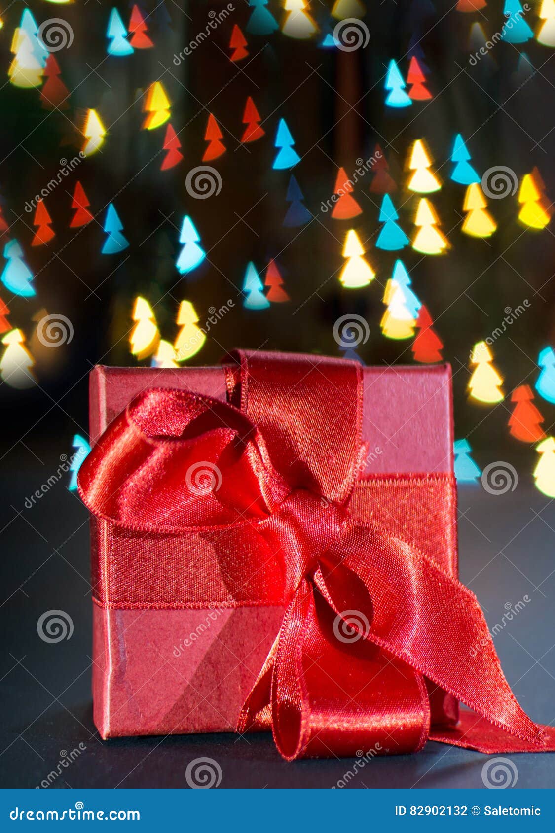 Red Present Box with Christmas Tree Shaped Lights Stock Photo Image