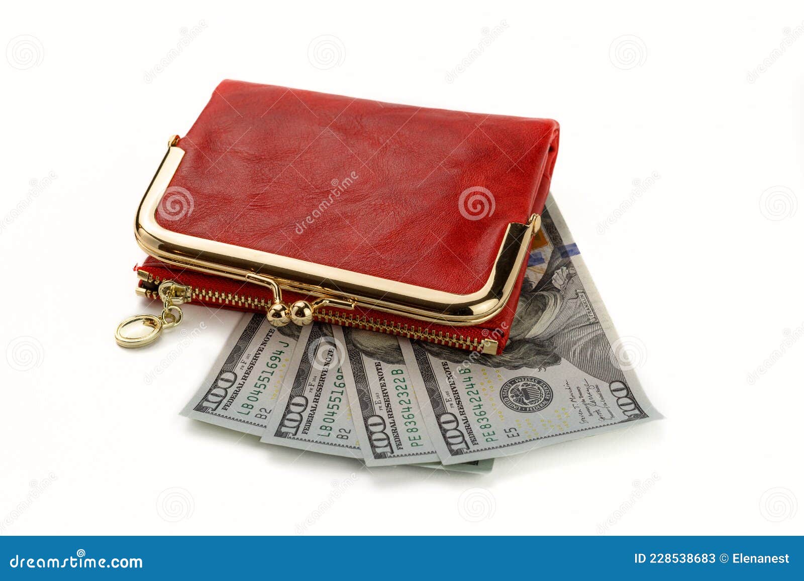A Red Purse Lying on Dollar Notes, Isolated Stock Image Image of