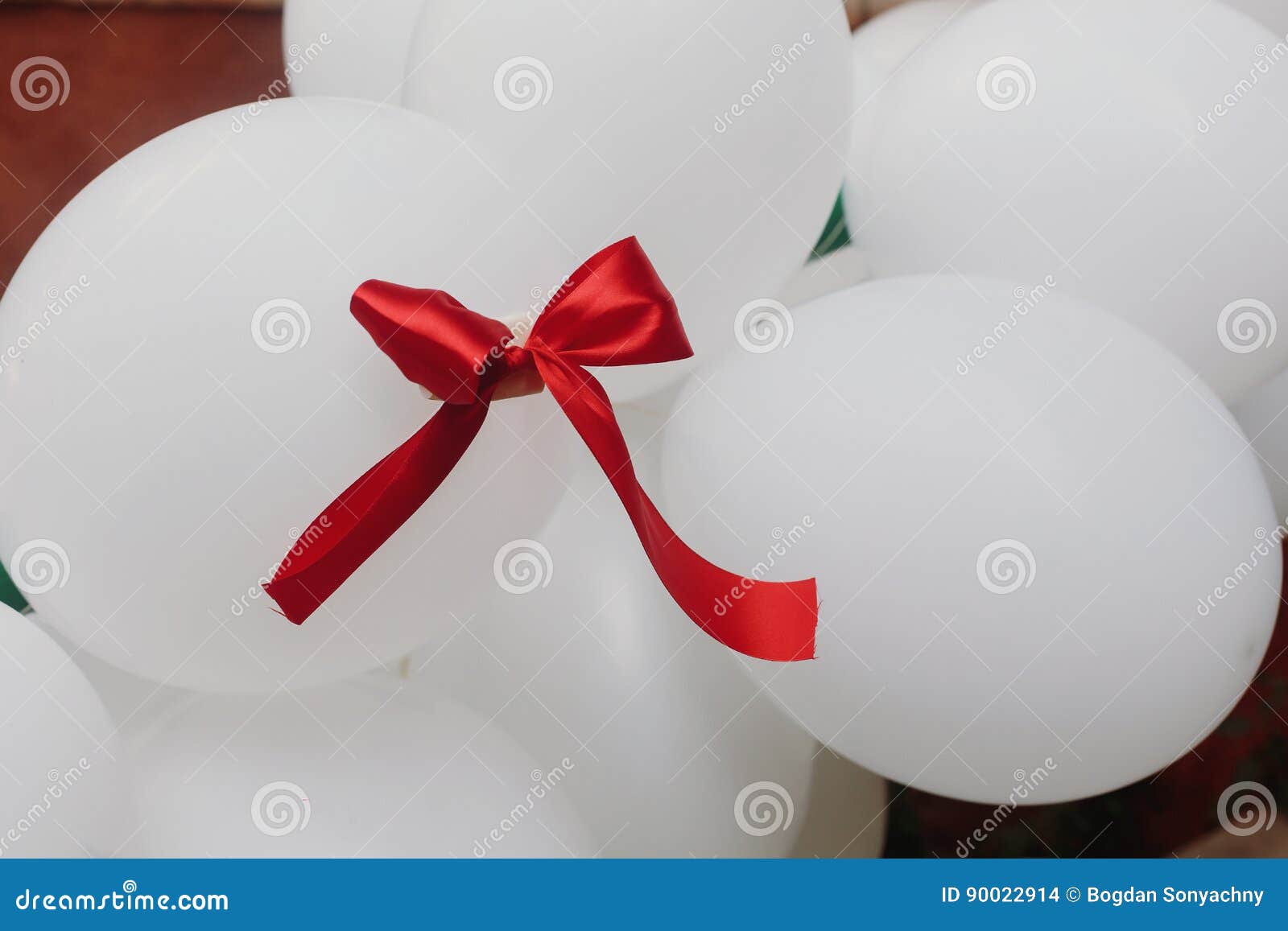 Red Ribbon On Bunch Of White Decorative Air Baloons Balloons We