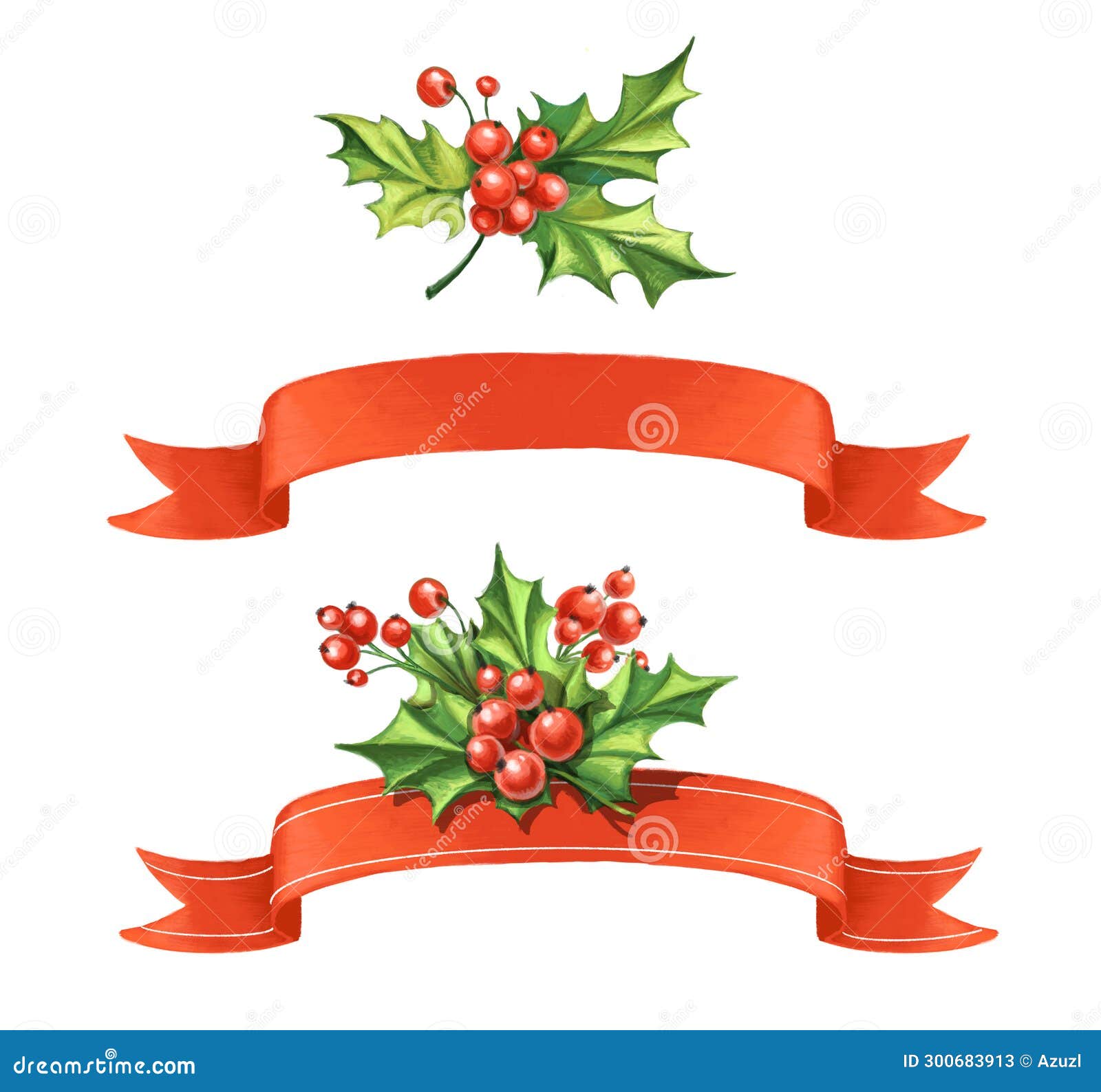 Red Ribbon with Christmas Decorations Holly Composition and Separate