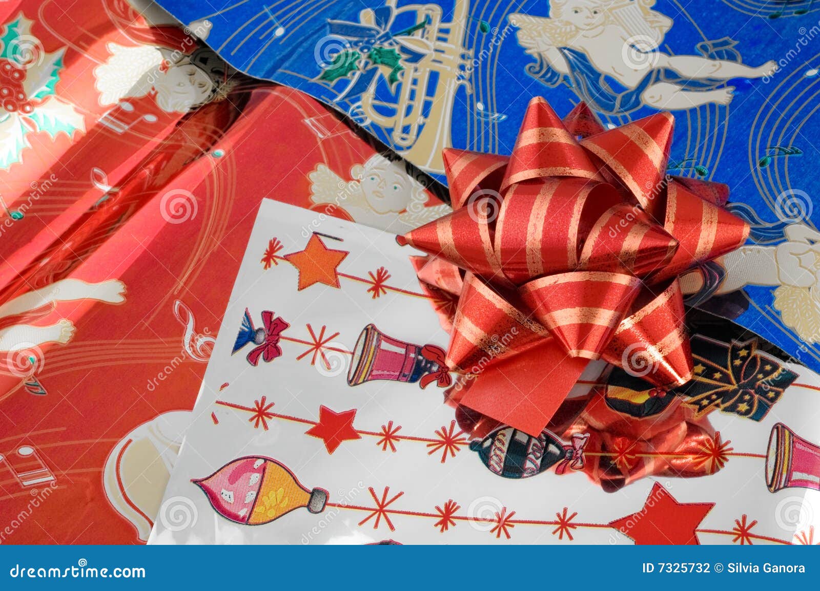 Red Ribbon on Christmas Paper Stock Photo Image of shiny, decoration