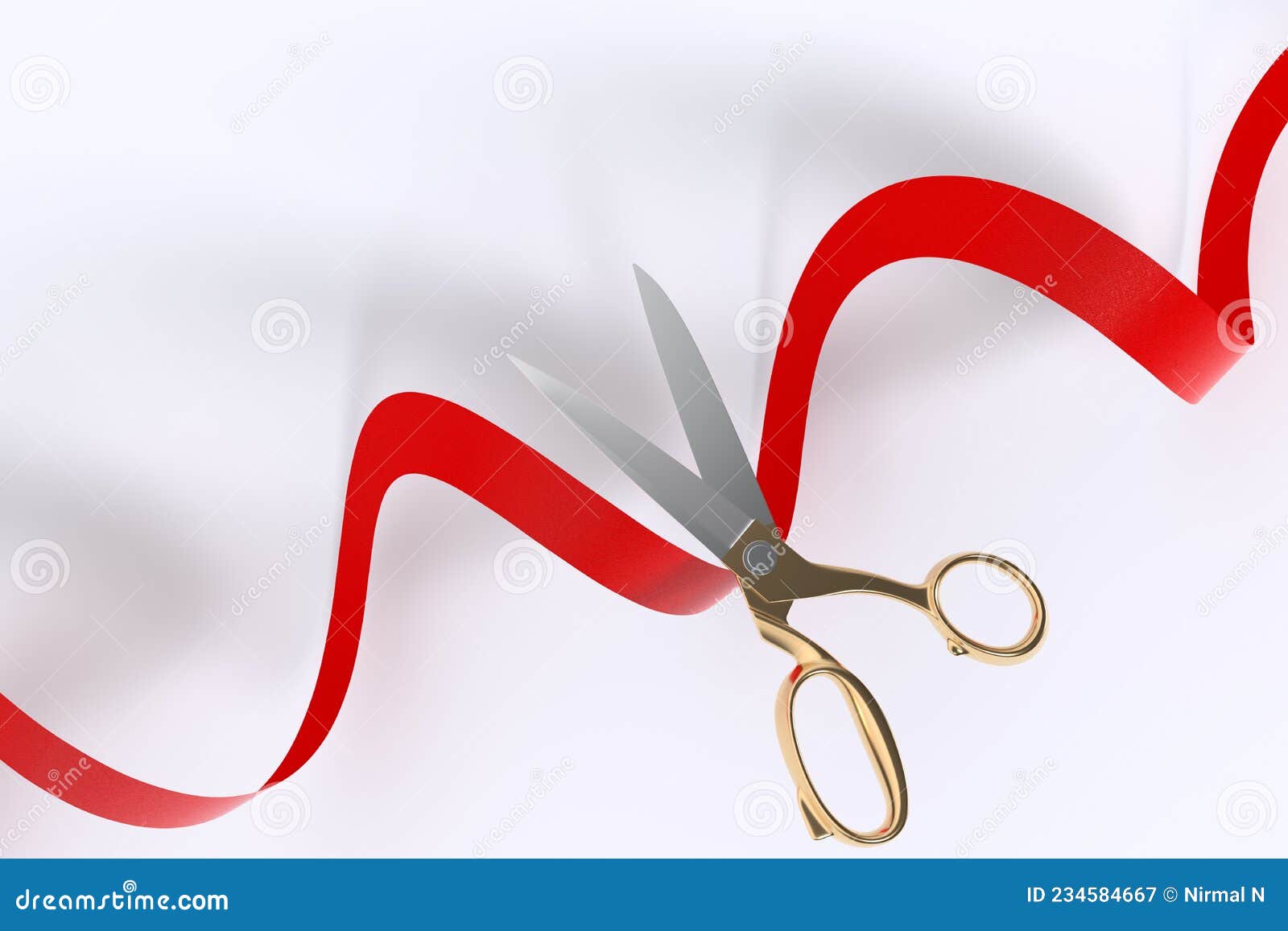 red ribbon golden scissors cutting with text space