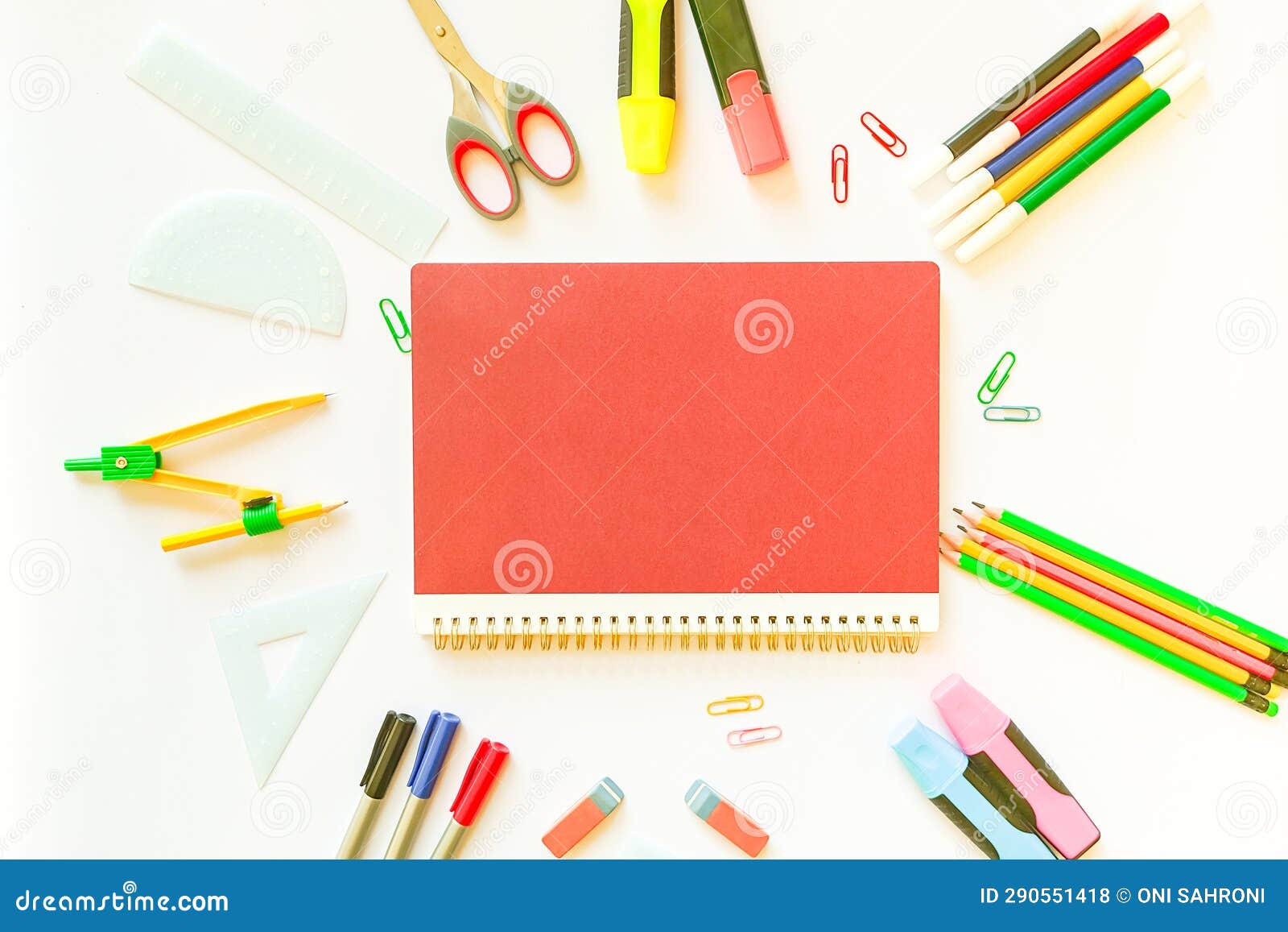 Red Ring Book in the Middle with School Stationery Ornaments. Back To