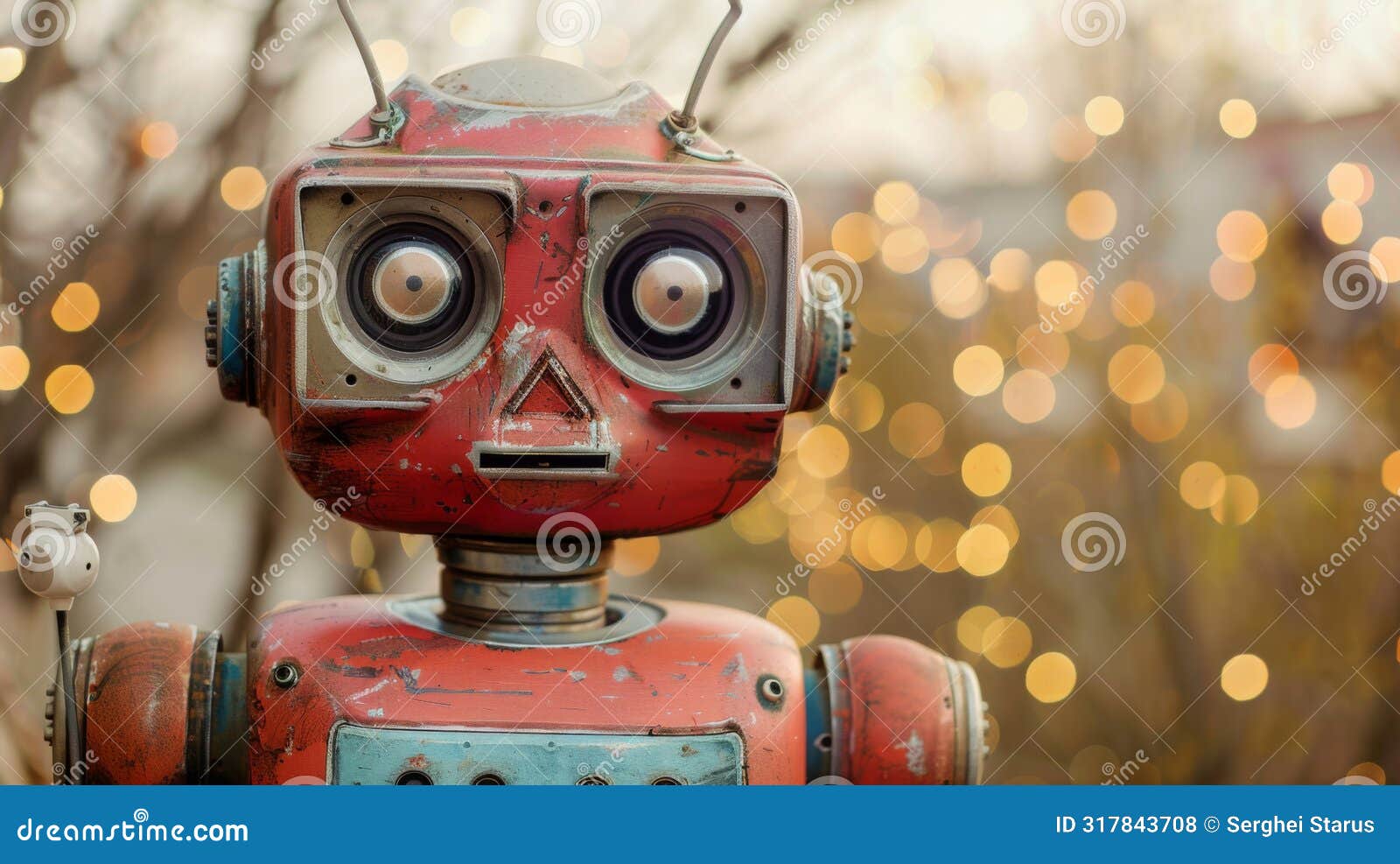 a red robot with a big eye and antennae standing in front of some lights, ai