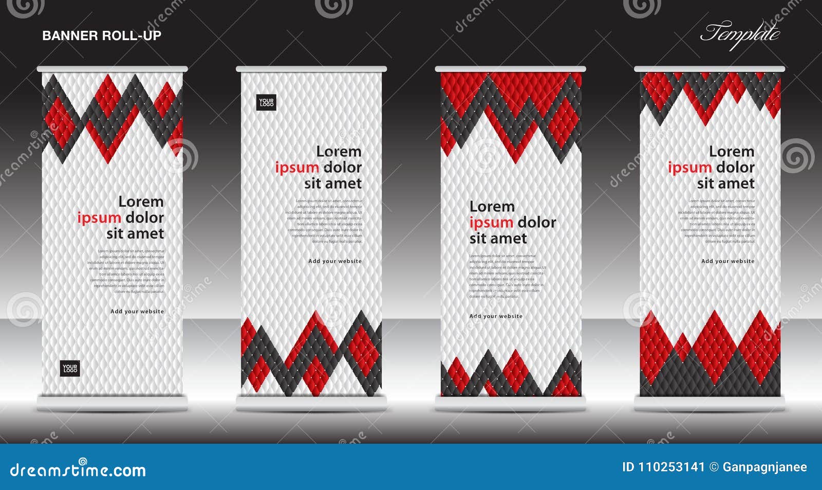Red roll. Roll up three banner Template for Exhibition. Roll and Red.