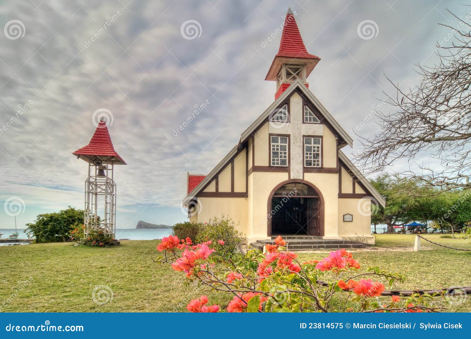 red roofed church
