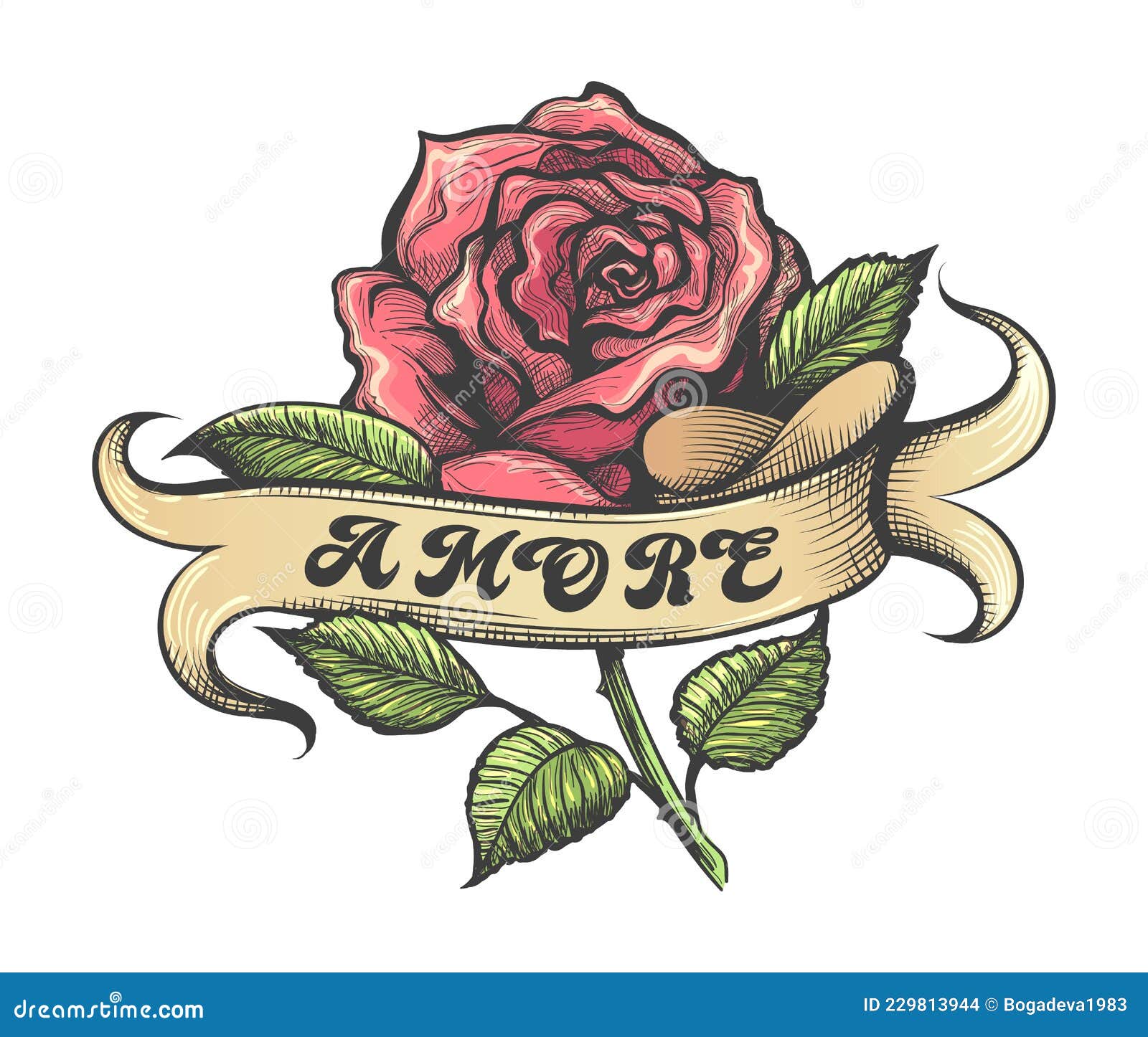 red rose and banner with lettering amore tattoo