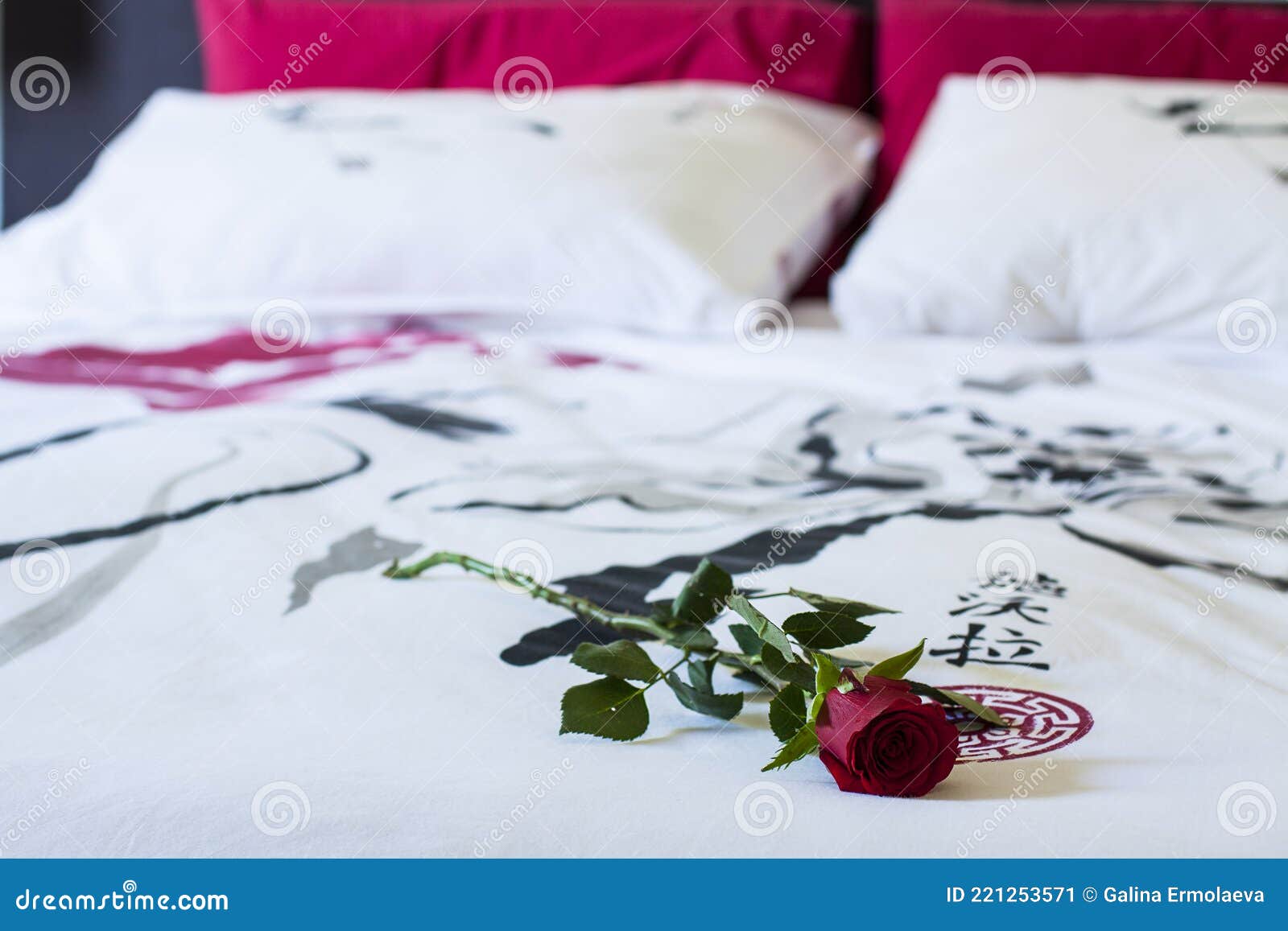 A Red Rose on the Bed in Bedroom Stock Image Image of purple, design