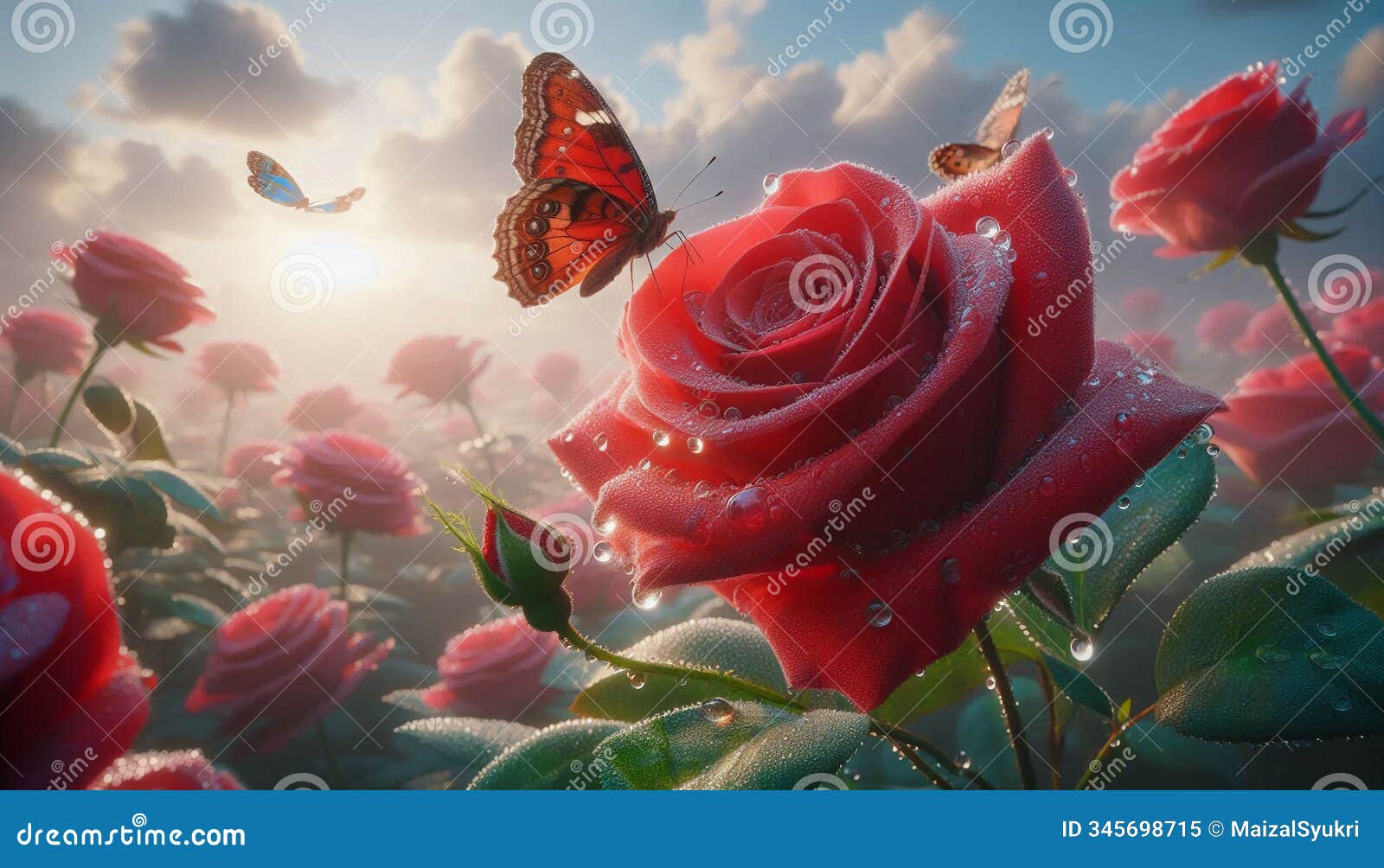 red rose with dew and butterfly, soft cloud-filled sky behind.