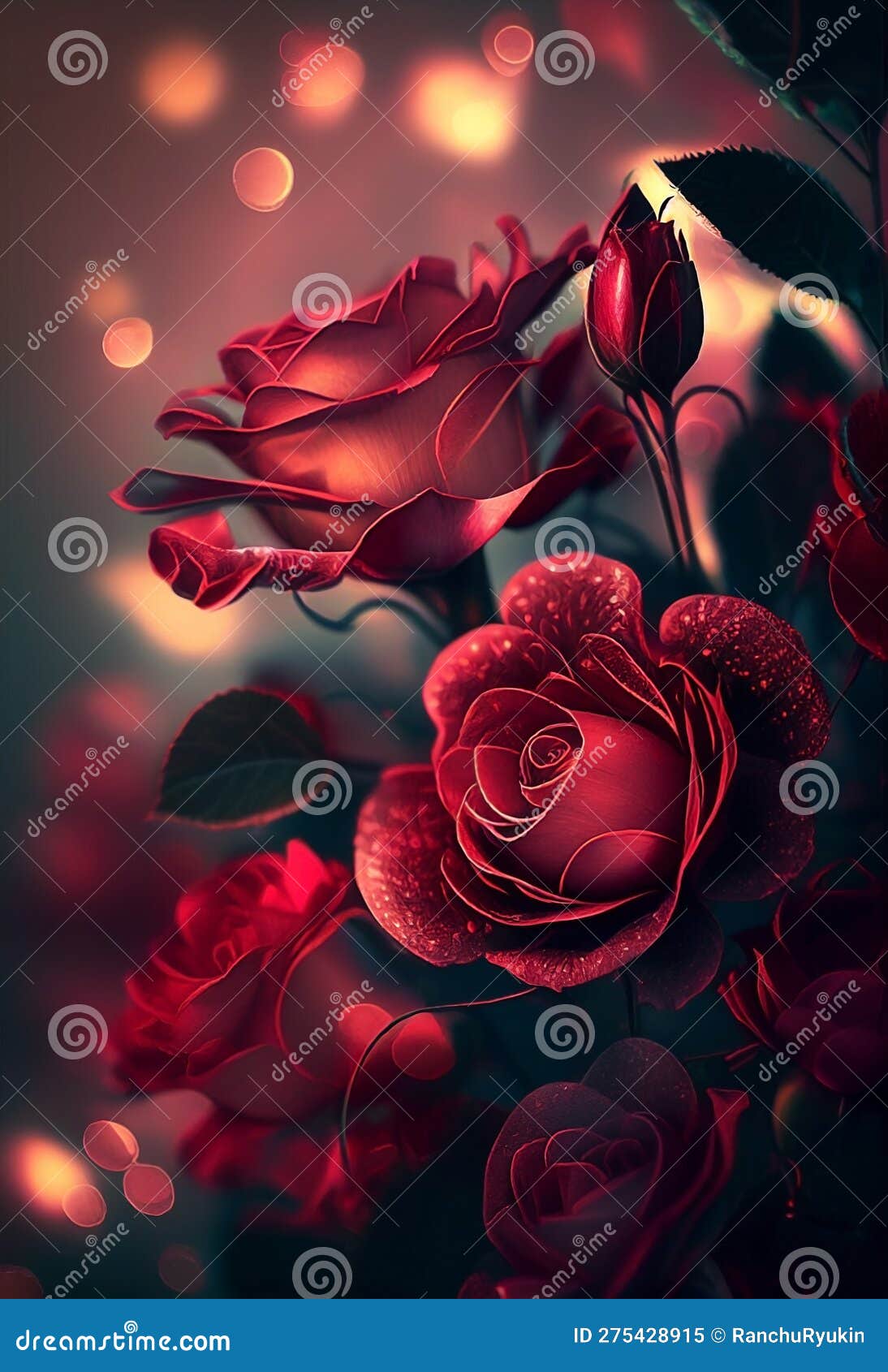 Red Rose Flowers in Pastel Colors on a Lights Blur Bokeh, Flower in the ...