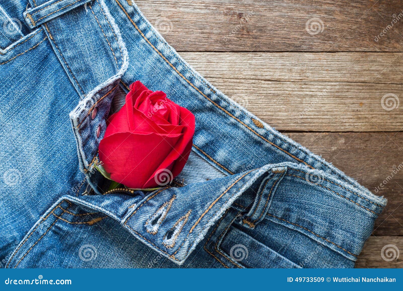 Red rose and jeans stock image. Image of jeans, wood 49733509