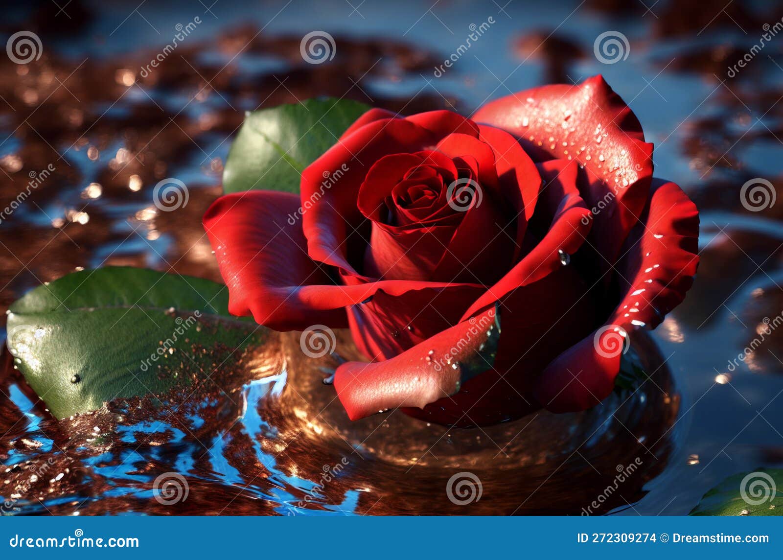 Red Rose in Water. Bright Rosebud Floating in Pond. Generative AI