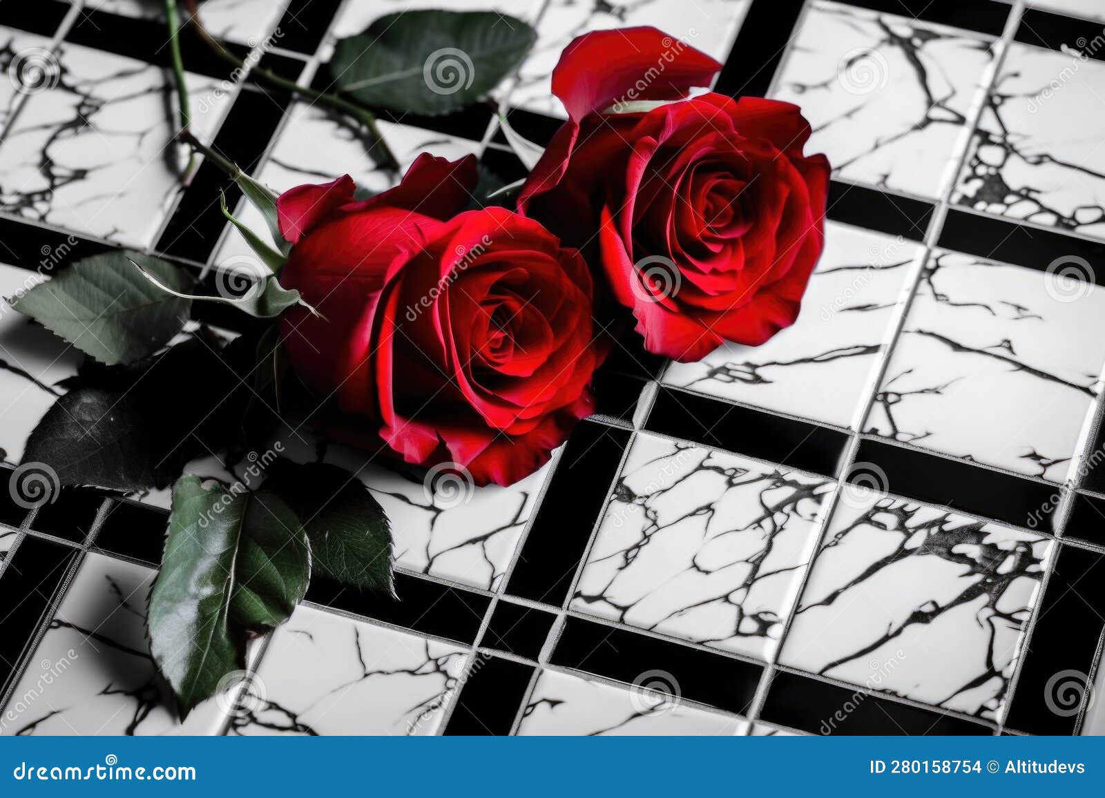 Red Roses on Black and White Tile Background Stock Illustration