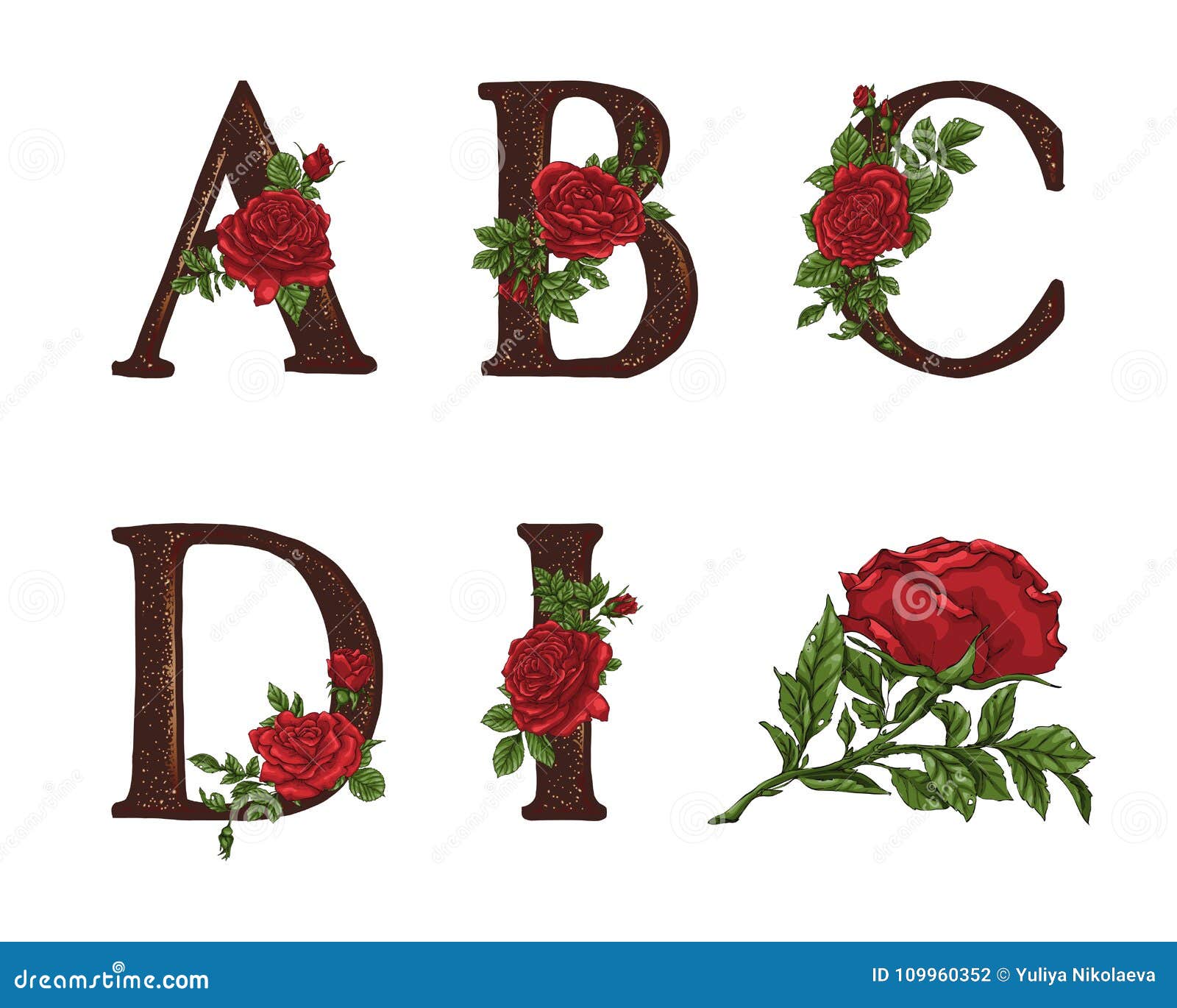 Red Roses Letters. Hand Draw. Vector Alphabet Stock Illustration